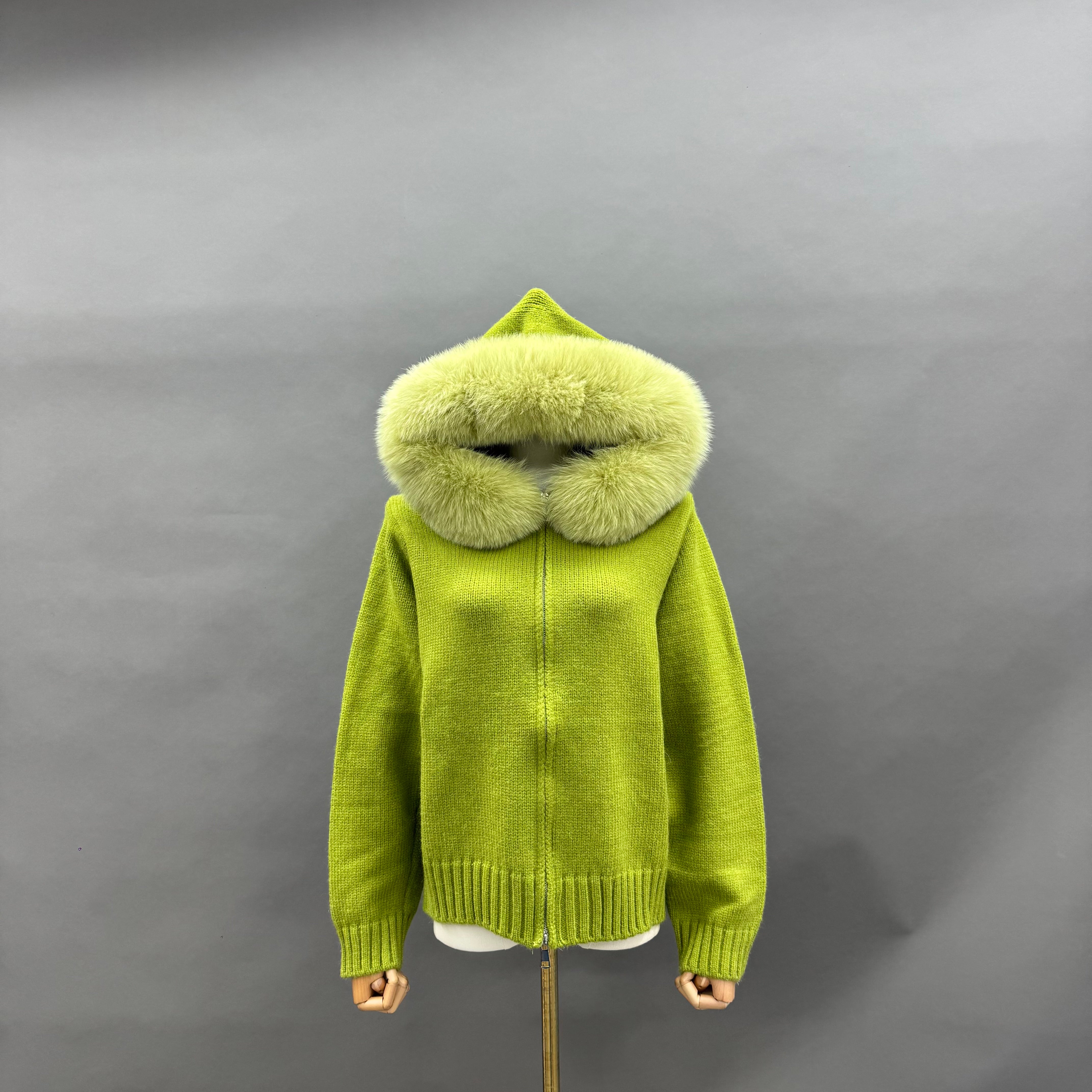 Women’s Beige Sheep Wool Knit Hooded Jacket with Real Fox Fur Trim – Full-Zip Winter Coat for Cold Weather Fashion 2#Light Green F-chest 104