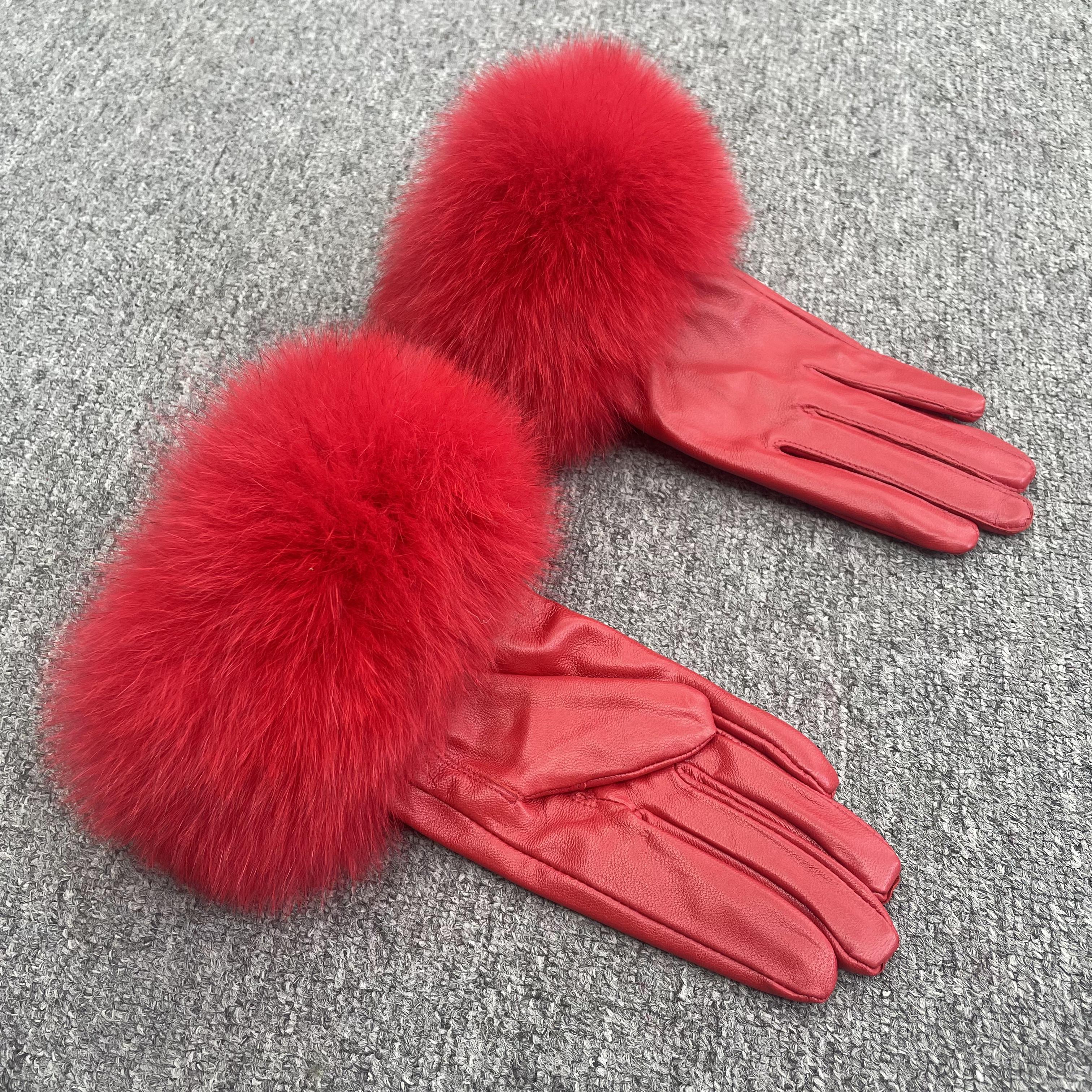 Women’s Black Leather Gloves with Real Fox Fur Trim – Elegant Winter Fashion Accessory for Luxury Style 1 F