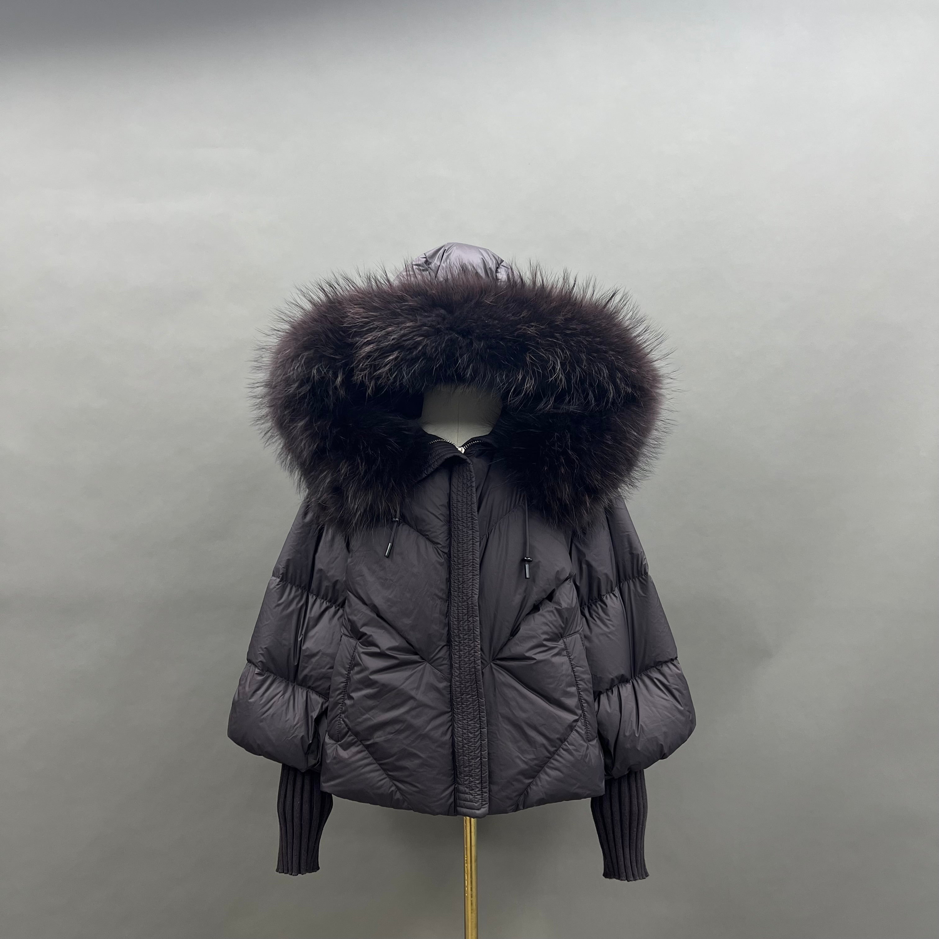 Women’s Black Down Jacket with Real Raccoon Fur Hood – Short Puffer Winter Coat for Elegant Fashion 4#Light Black