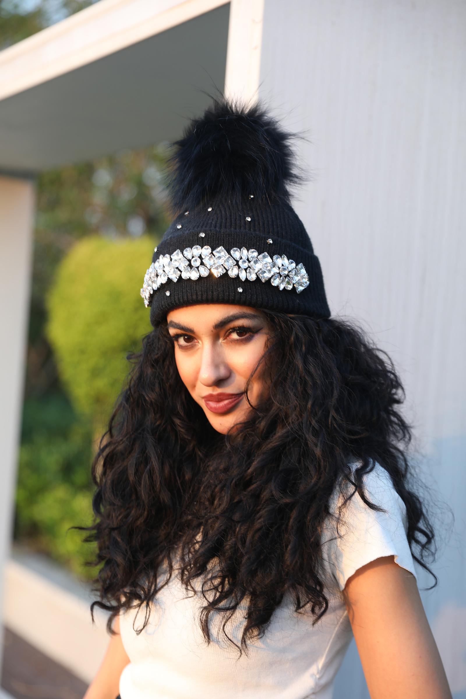 Women's Rabbit Fur Hat with Large Crystal-Studded Pompoms for Casual Wear - Janefur