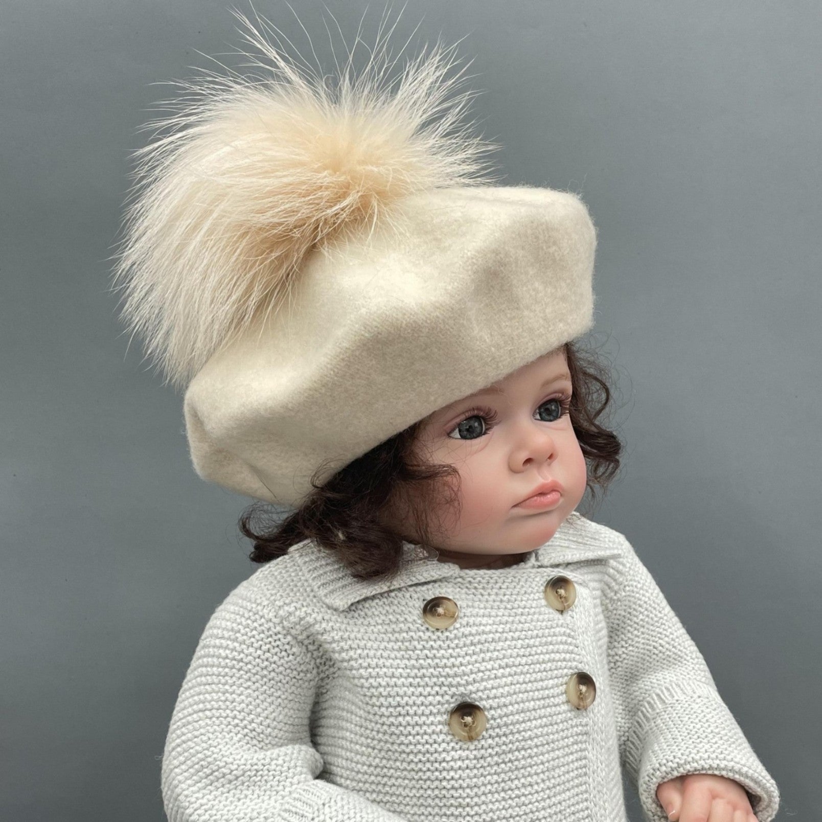 New Children's Autumn and Winter Wool Beret with Fur Pom Pom - Janefur