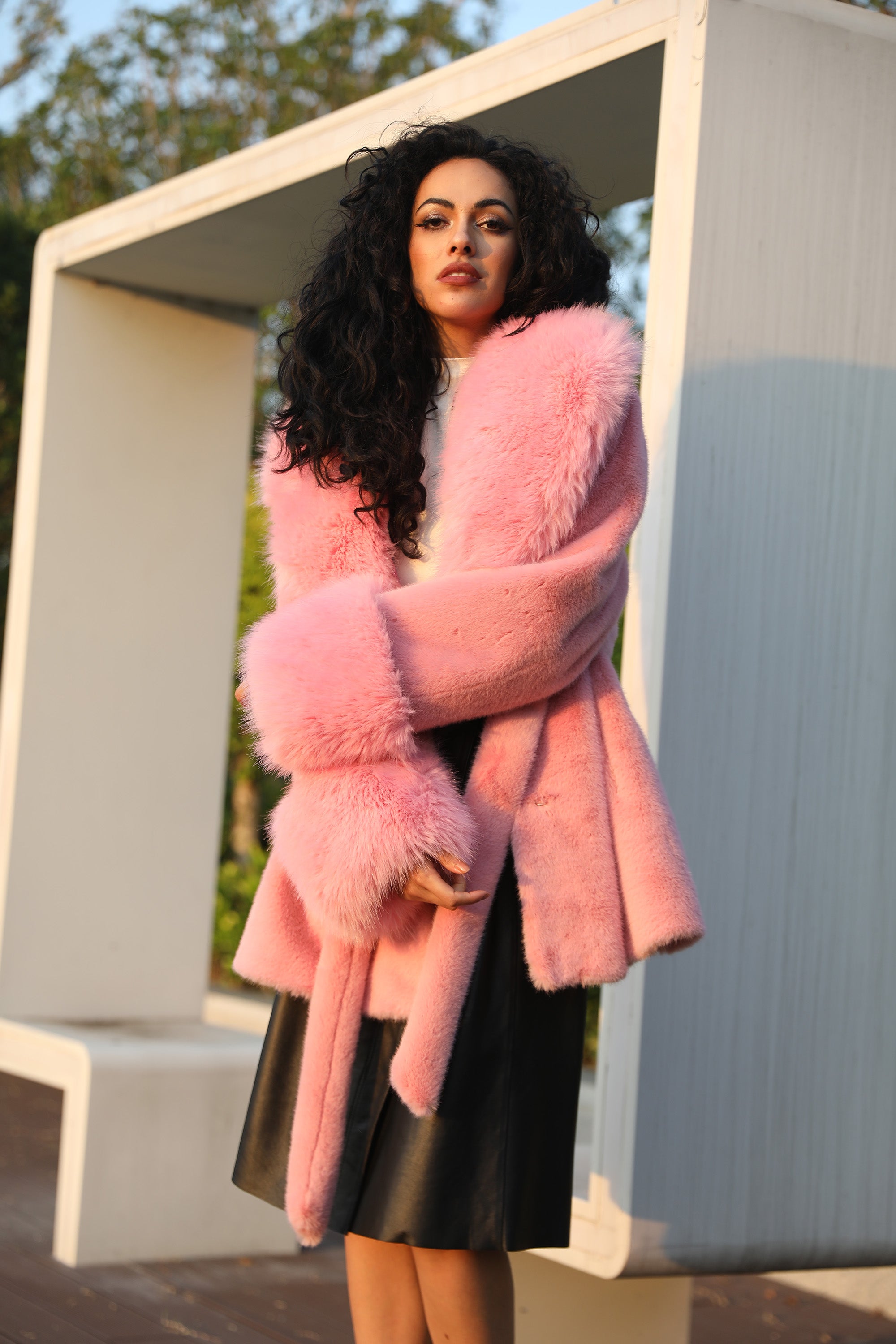 Janefur Womens Short Large Fur Collar Tie-Up Faux Mink Elegant Faux Fur Jacket - Janefur