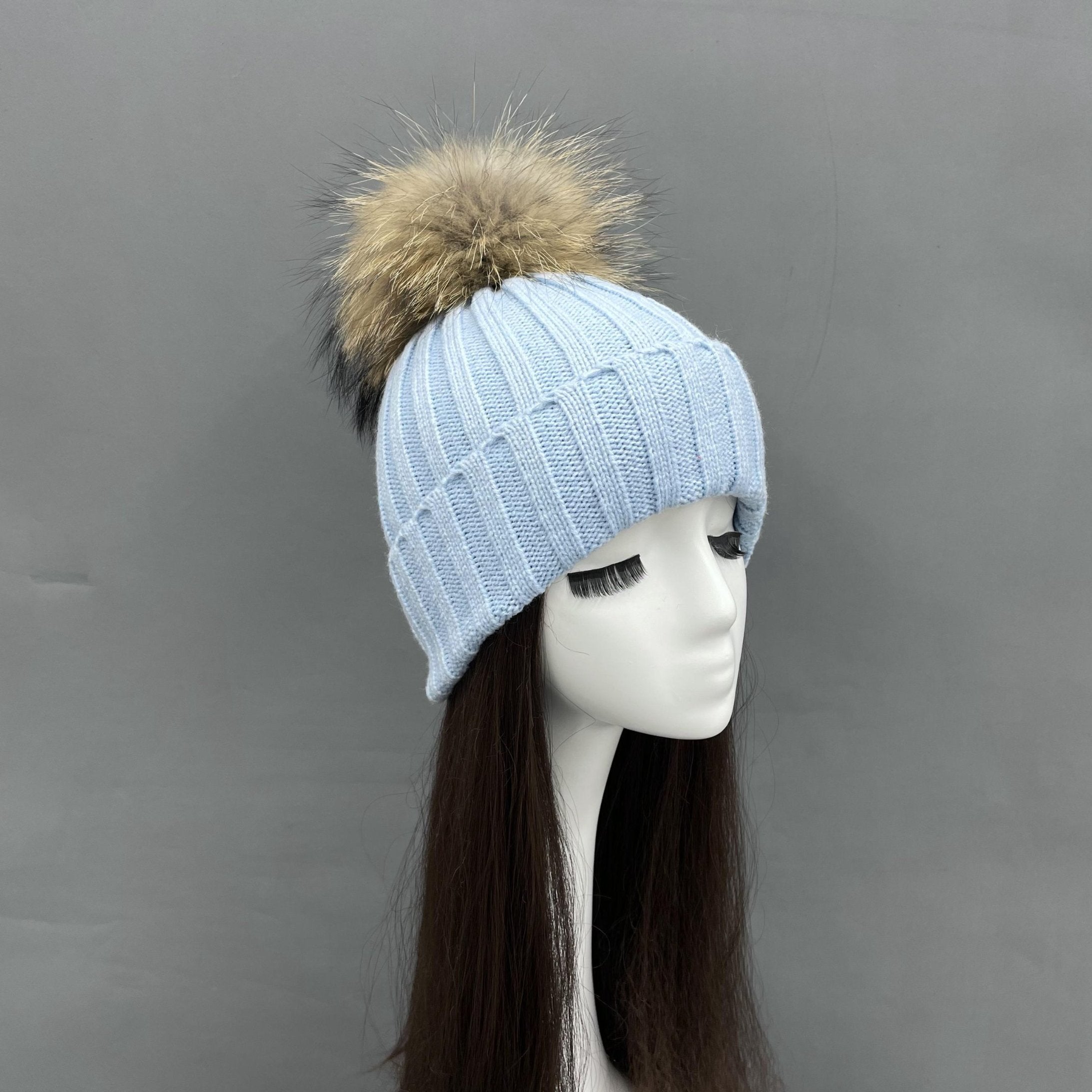 New Fall And Winter Striped With Fur Pom Pom Acrylic Hat - Janefur