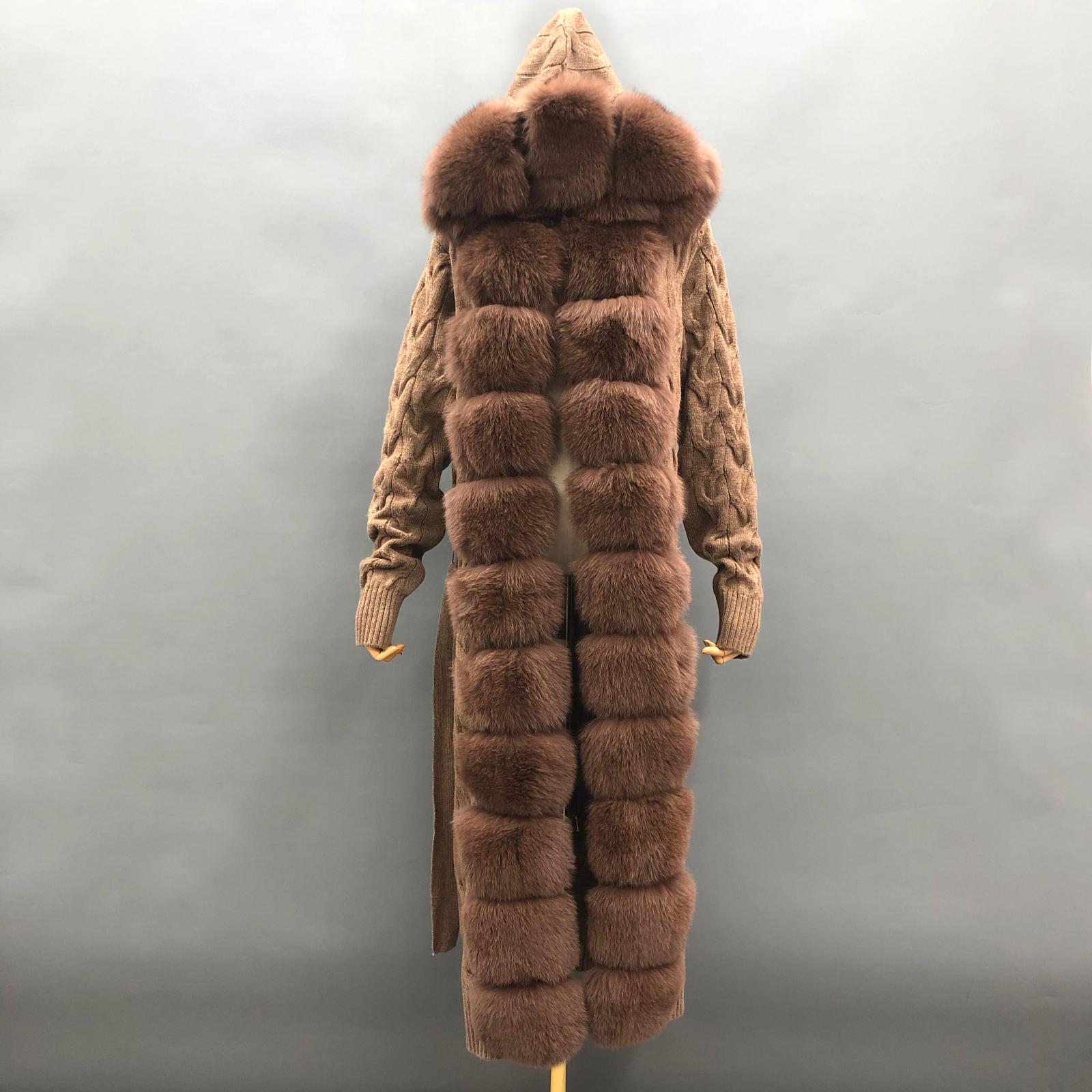 Women's Winter Fox Fur Lapel Hooded Knit Wool Fashion Long Coat - Janefur