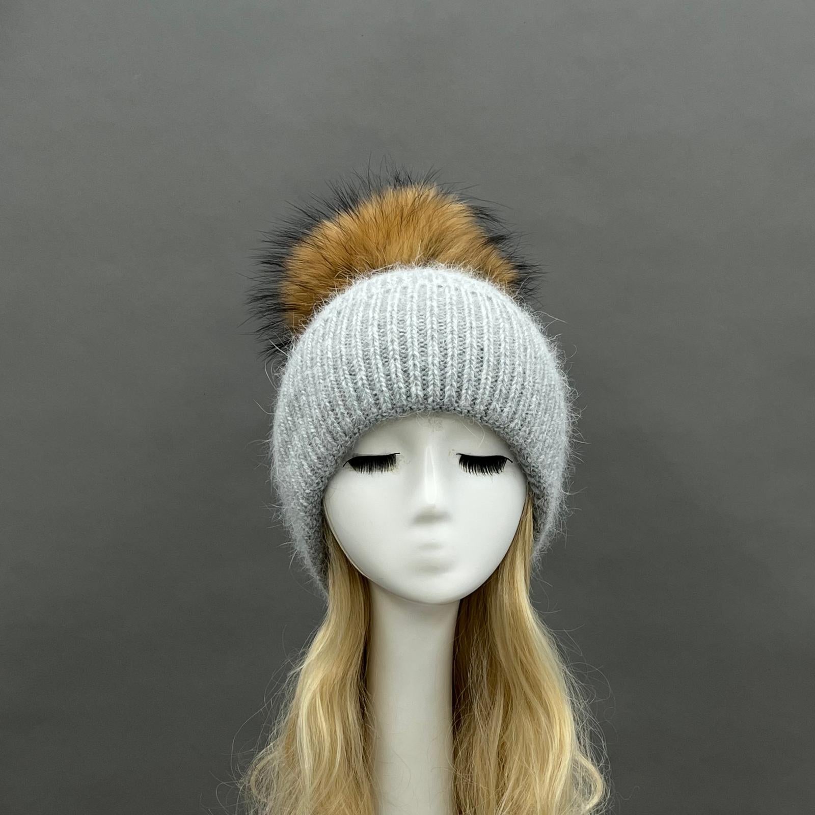 Women's Fashion Thin Striped Rabbit Fur Pom Pom Hat - Janefur