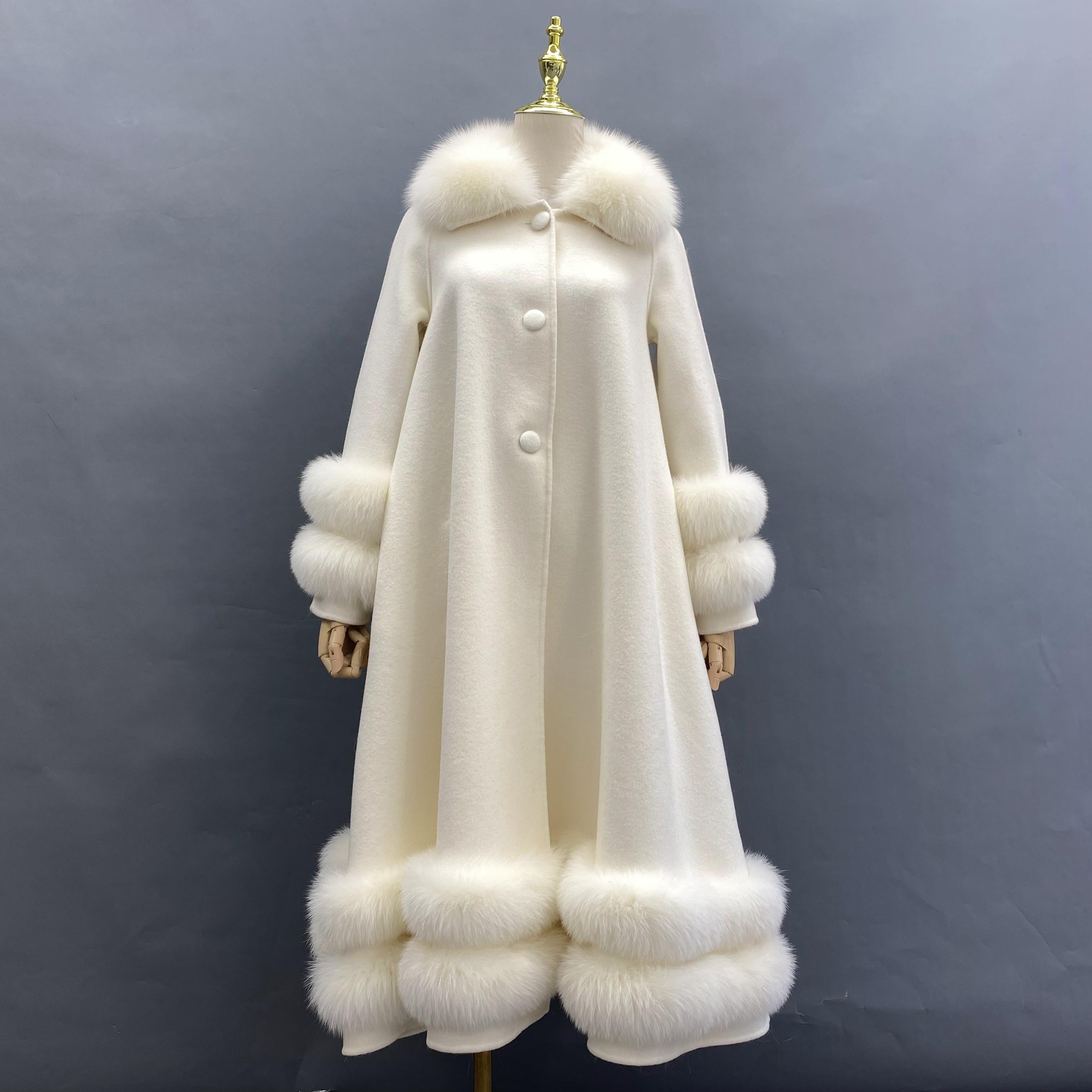 Women's Double Sided Cashmere Coat with Two Sections of Fur Collar at Hem and Cuffs - Janefur