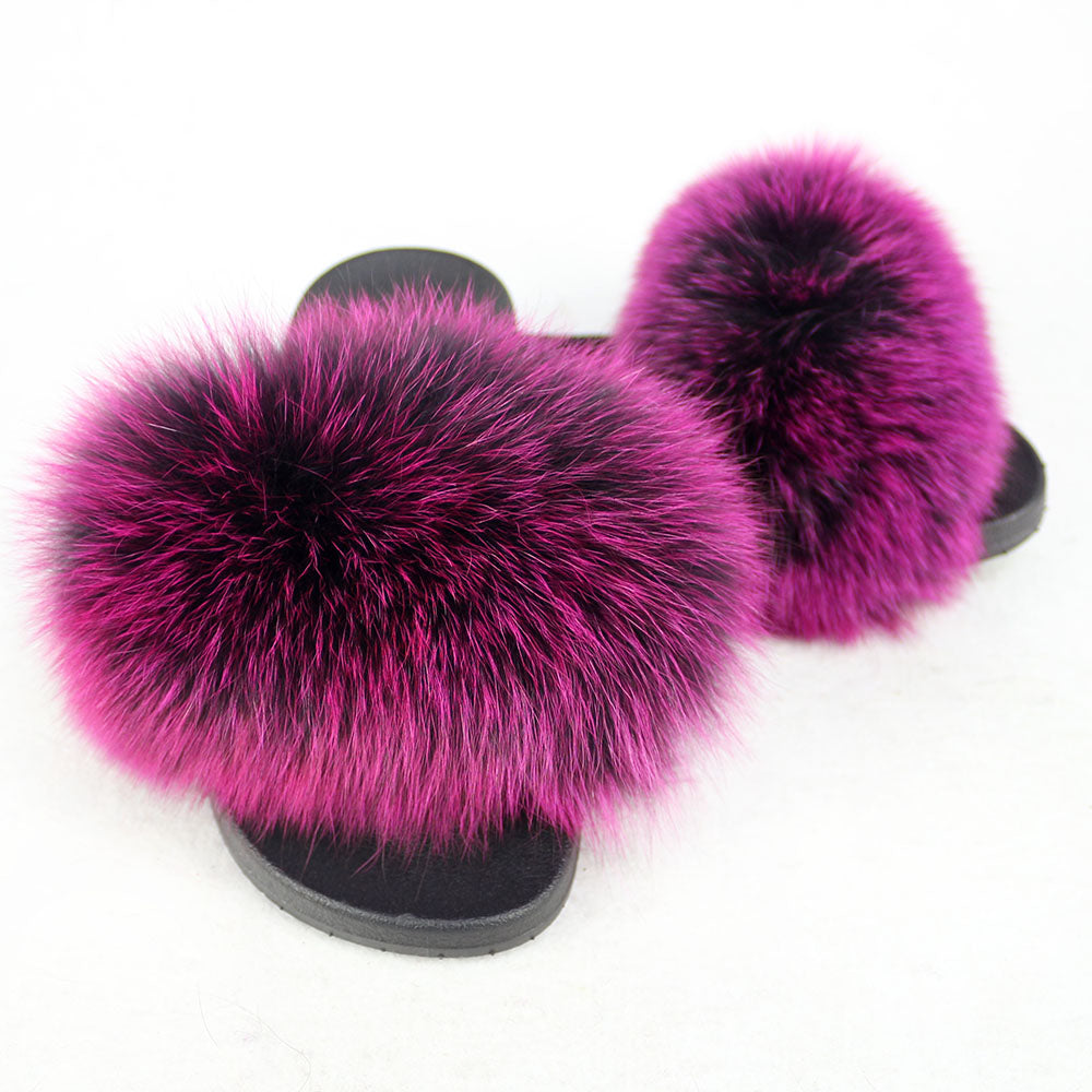 Janefur Wholesale Women's Fashion Slippers With Real Fox Fur Trim (Black, Gold, Silver Soles)