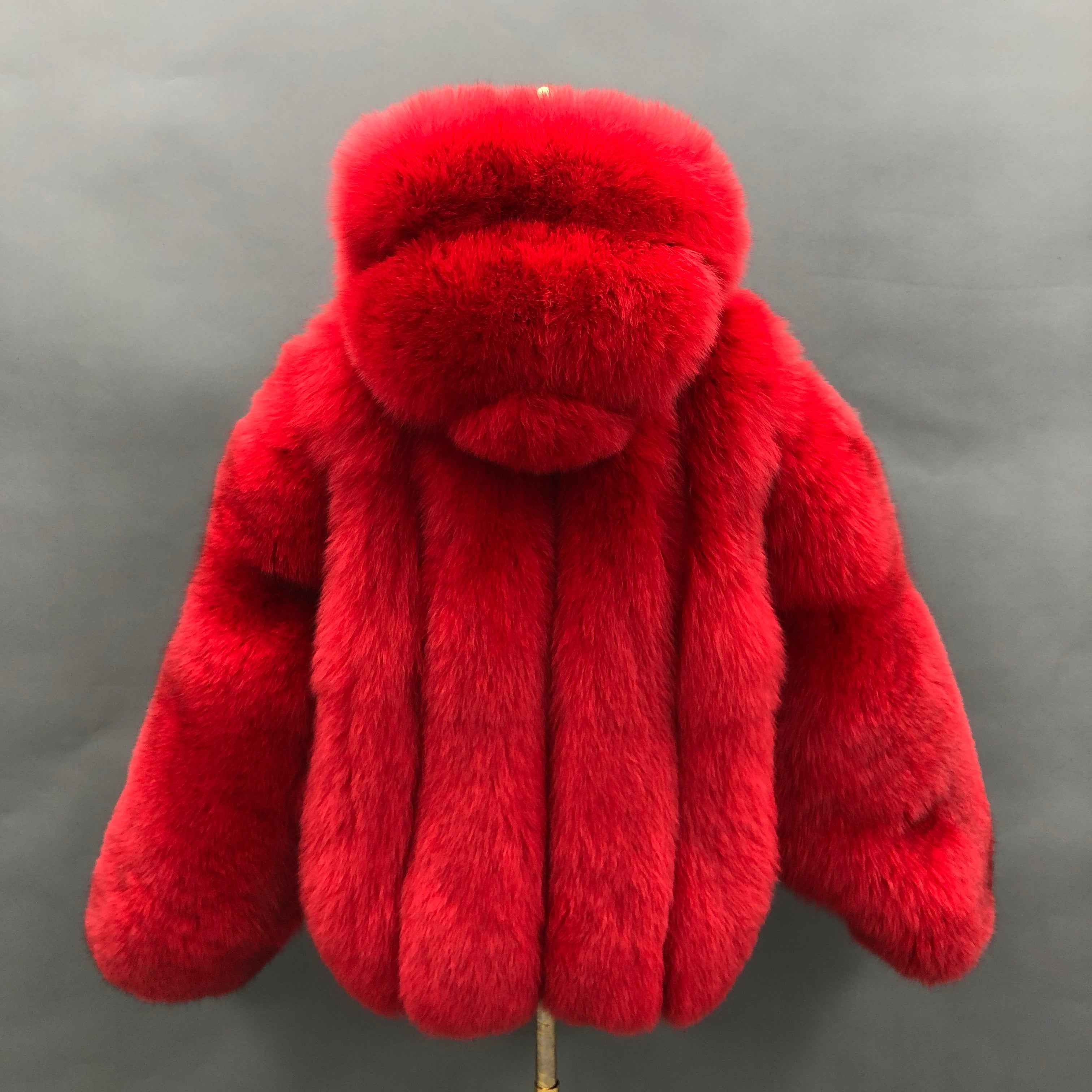 Luxury Fluffy Red Fox Fur Hooded Coat with Vertical Stripes - Short Winter Jacket