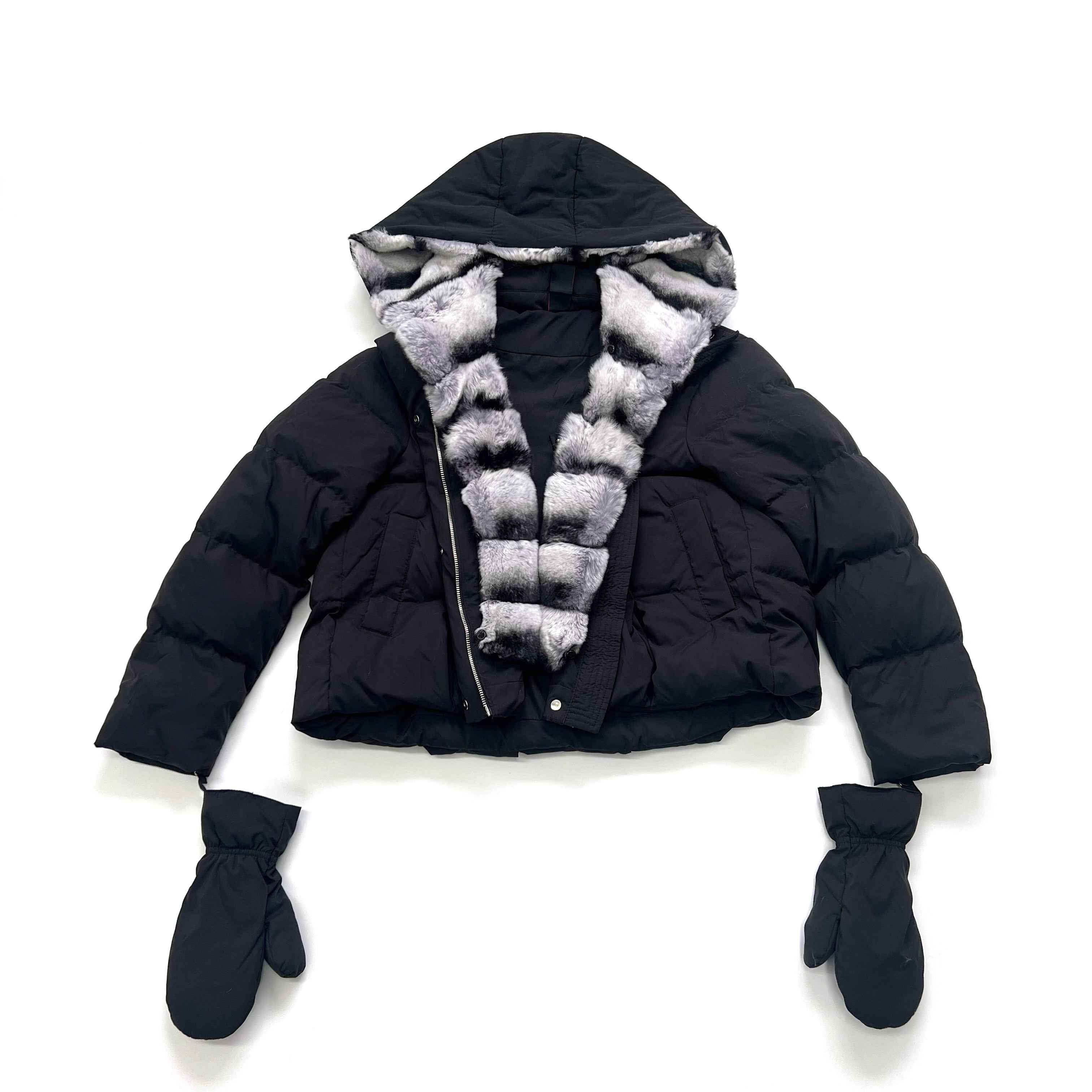 Women's Down Jacket with Removable Rabbit Fur Lined Hood & Front, Detachable Gloves Included