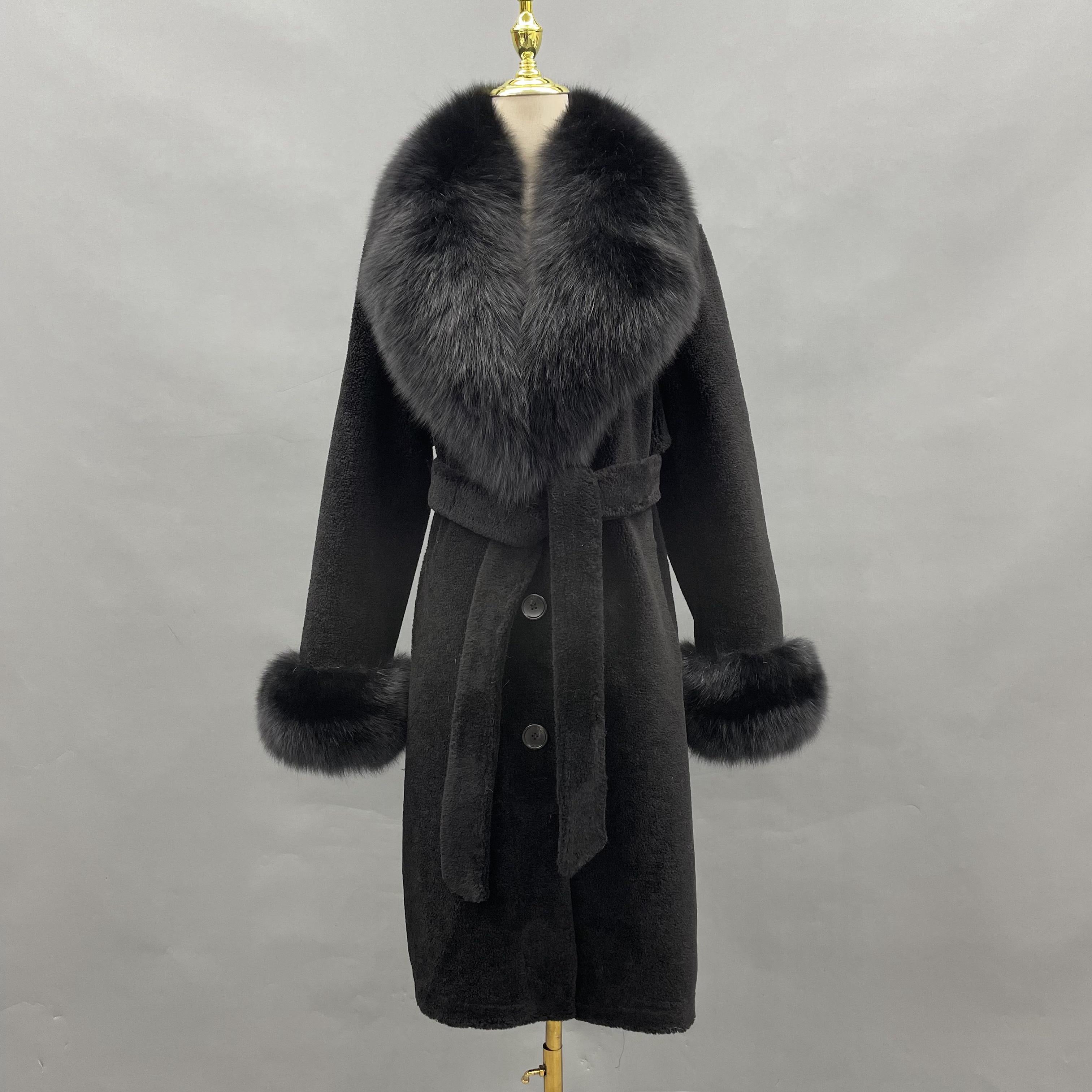 Women's Light Pink Shearling Long Coat with Fox Fur Collar, Cuffs, Notched Lapel & Belted Waist - Luxurious Winter Outerwear