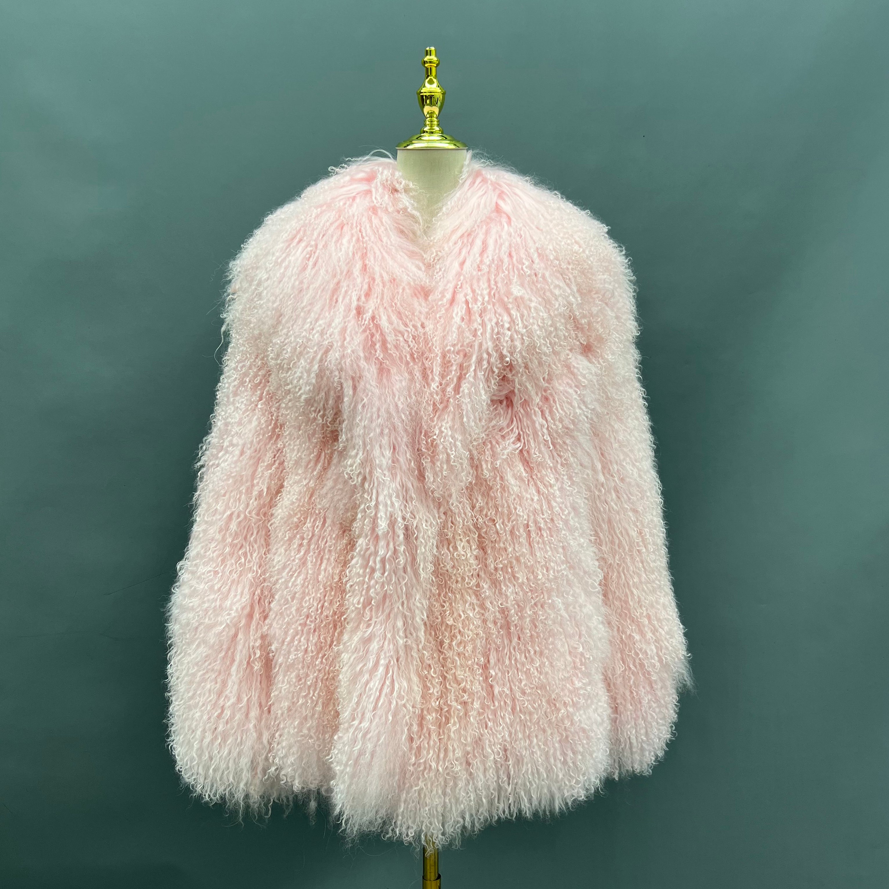 Janefur Lamb fur Collar Shearling Mid-length Coat 4#Light Pink