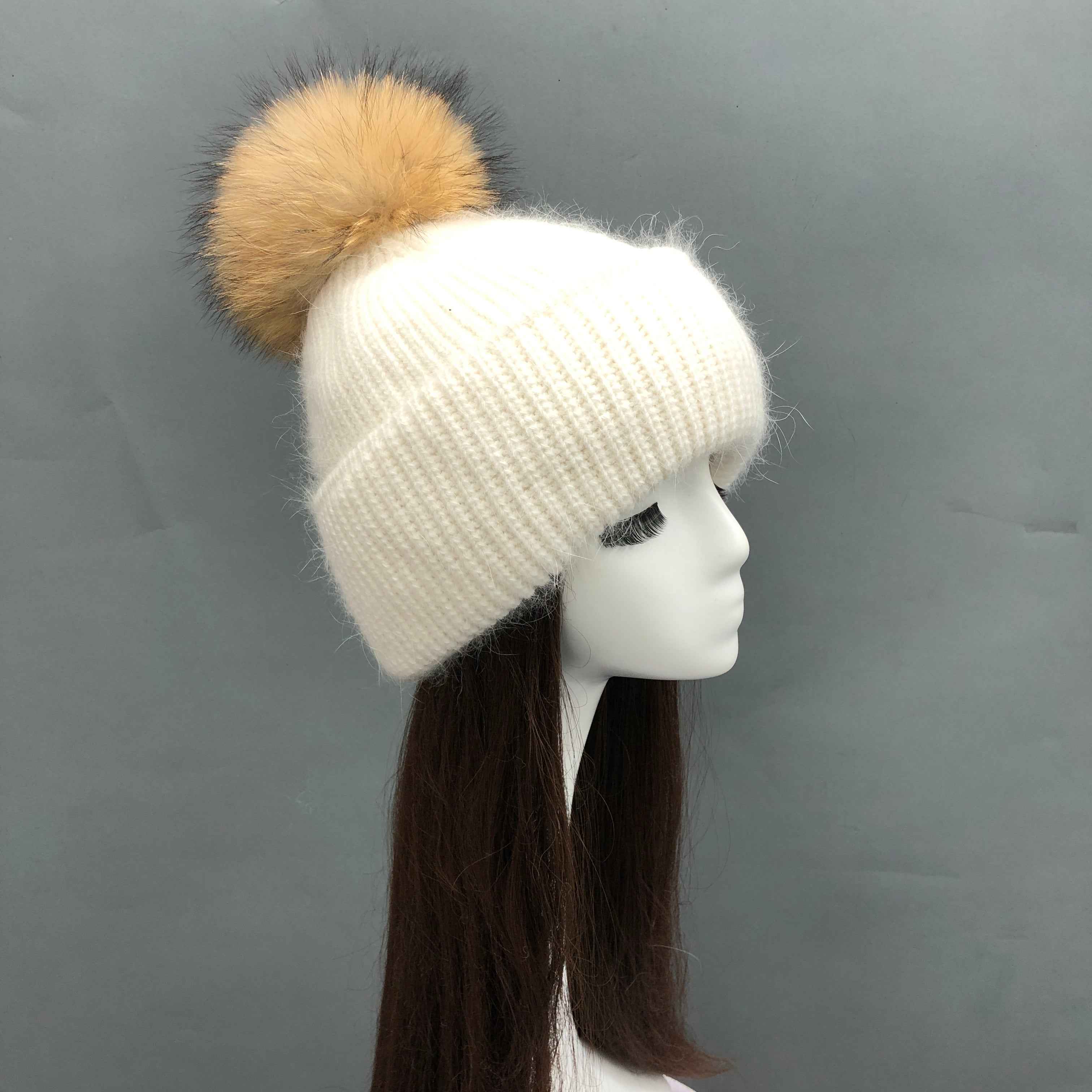 Wholesale Fleece-Lined Rabbit Fur Knit Beanie – Two-Fold Cuff with Raccoon Fur Pompom, Warm Winter Hat for Women, Premium Quality in Bulk 4#White Adult