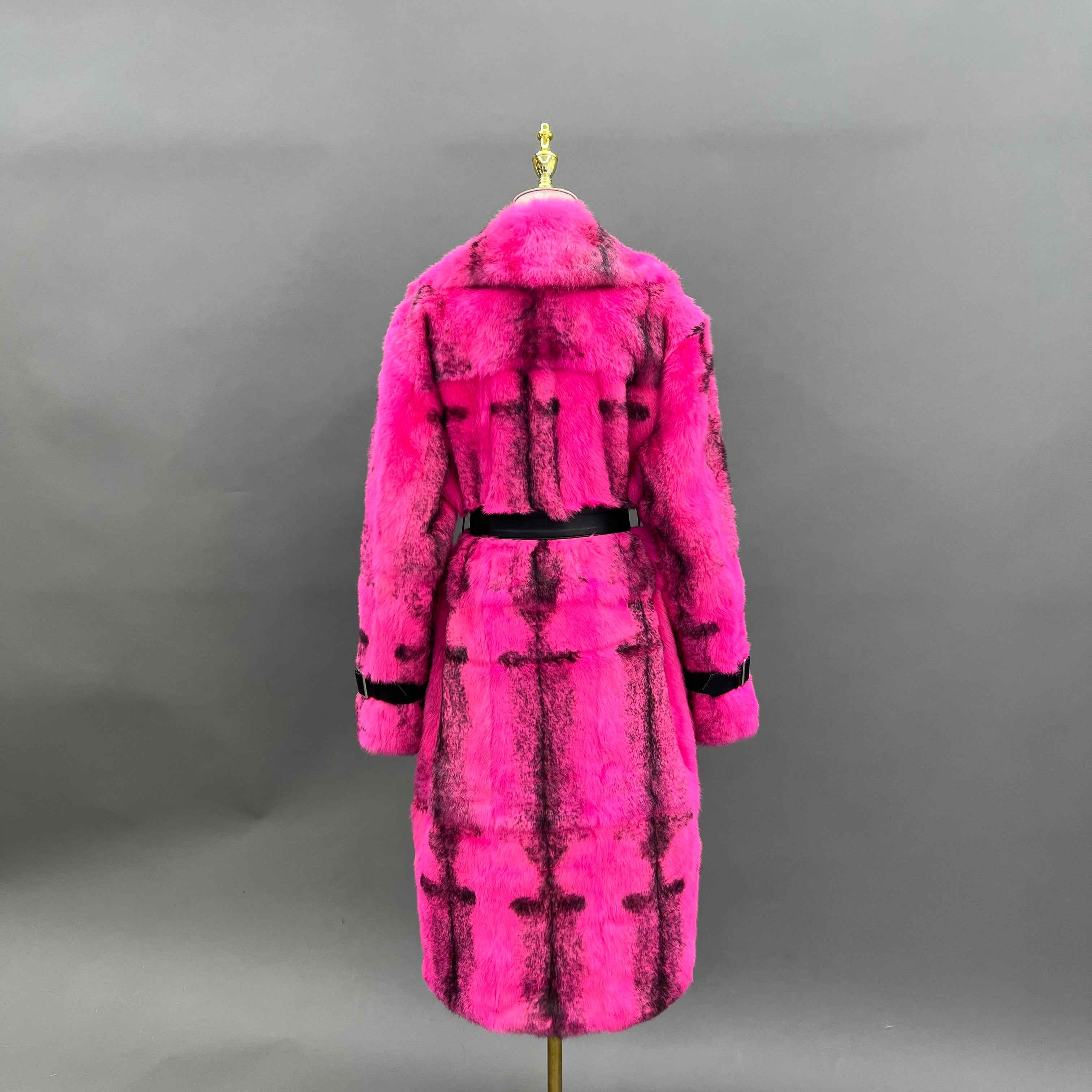 Luxury Rabbit Fur Coat with Notched Lapel and Leather Cuffs – Long Women’s Winter Fur Jacket with Belt
