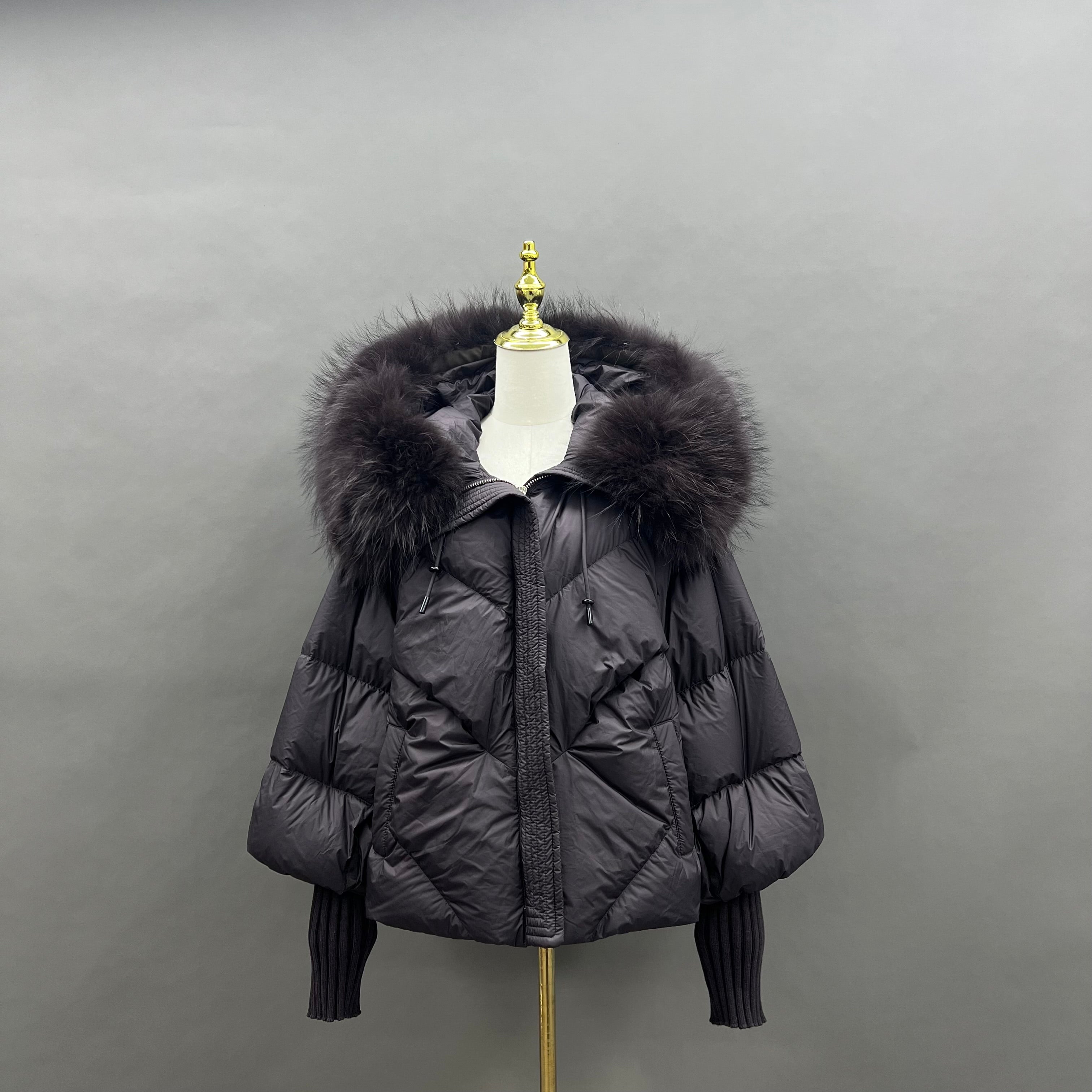 Women’s Black Down Jacket with Real Raccoon Fur Hood – Short Puffer Winter Coat for Elegant Fashion