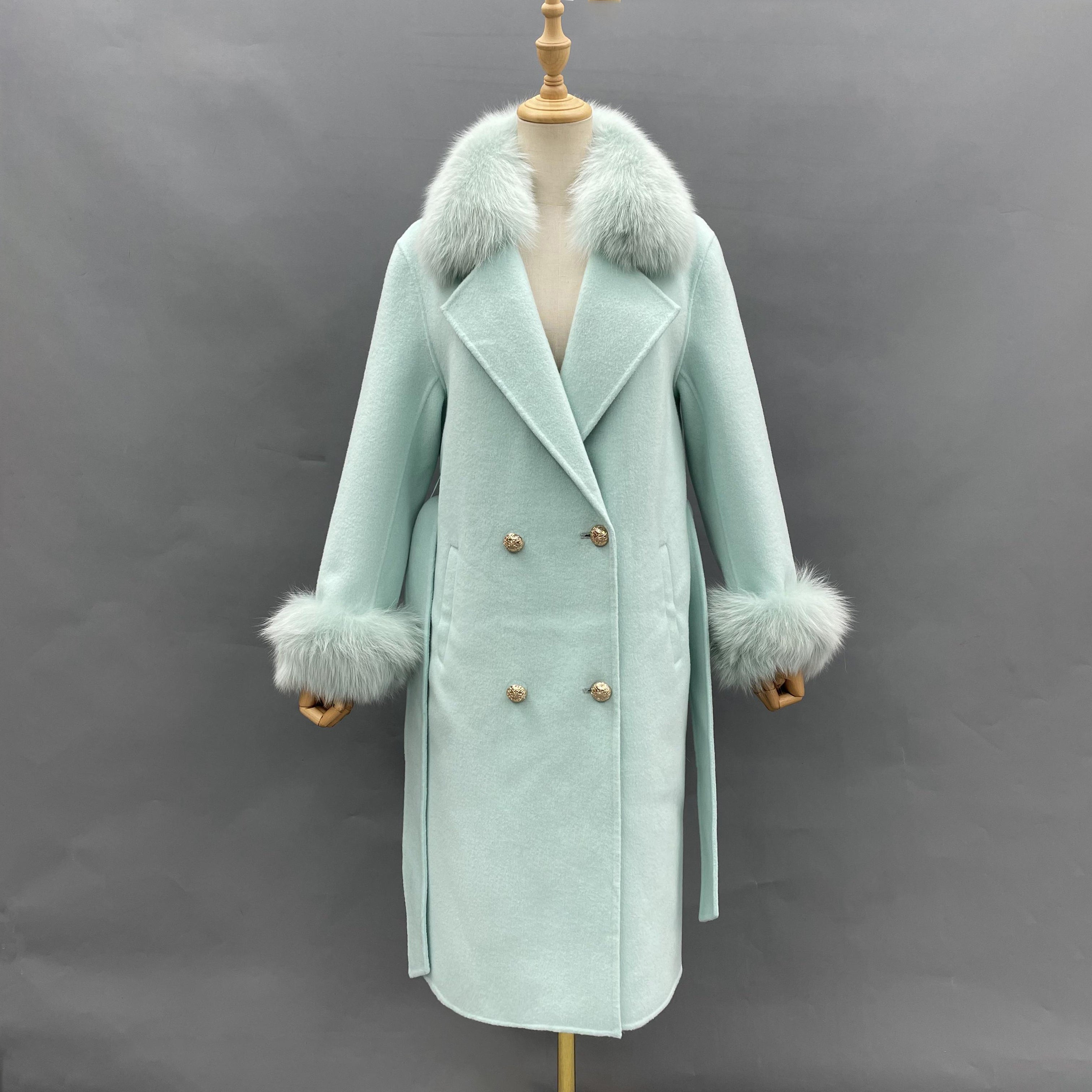 Women's Long Cashmere Coat With Fox Fur Collar And Belt 8#Mint Green