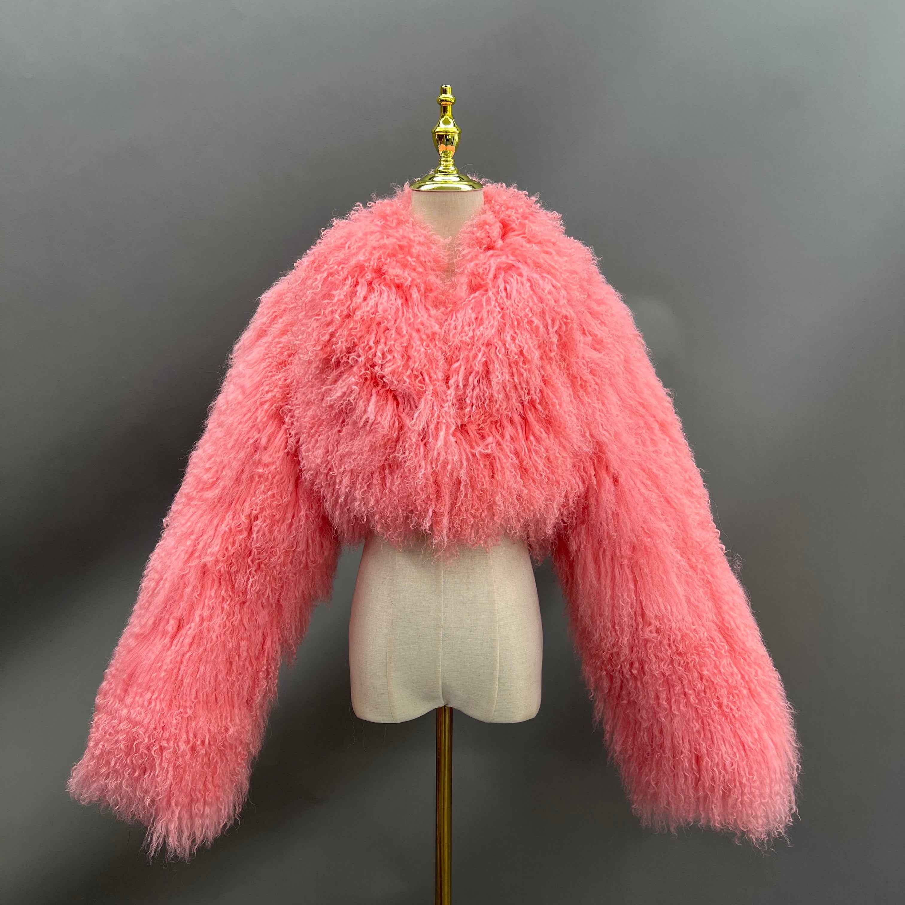 Women's Burgundy Mongolian Lamb Fur Jacket – Notch Lapel, Crop Top, Stylish Winter Outerwear for Women 4#Pink