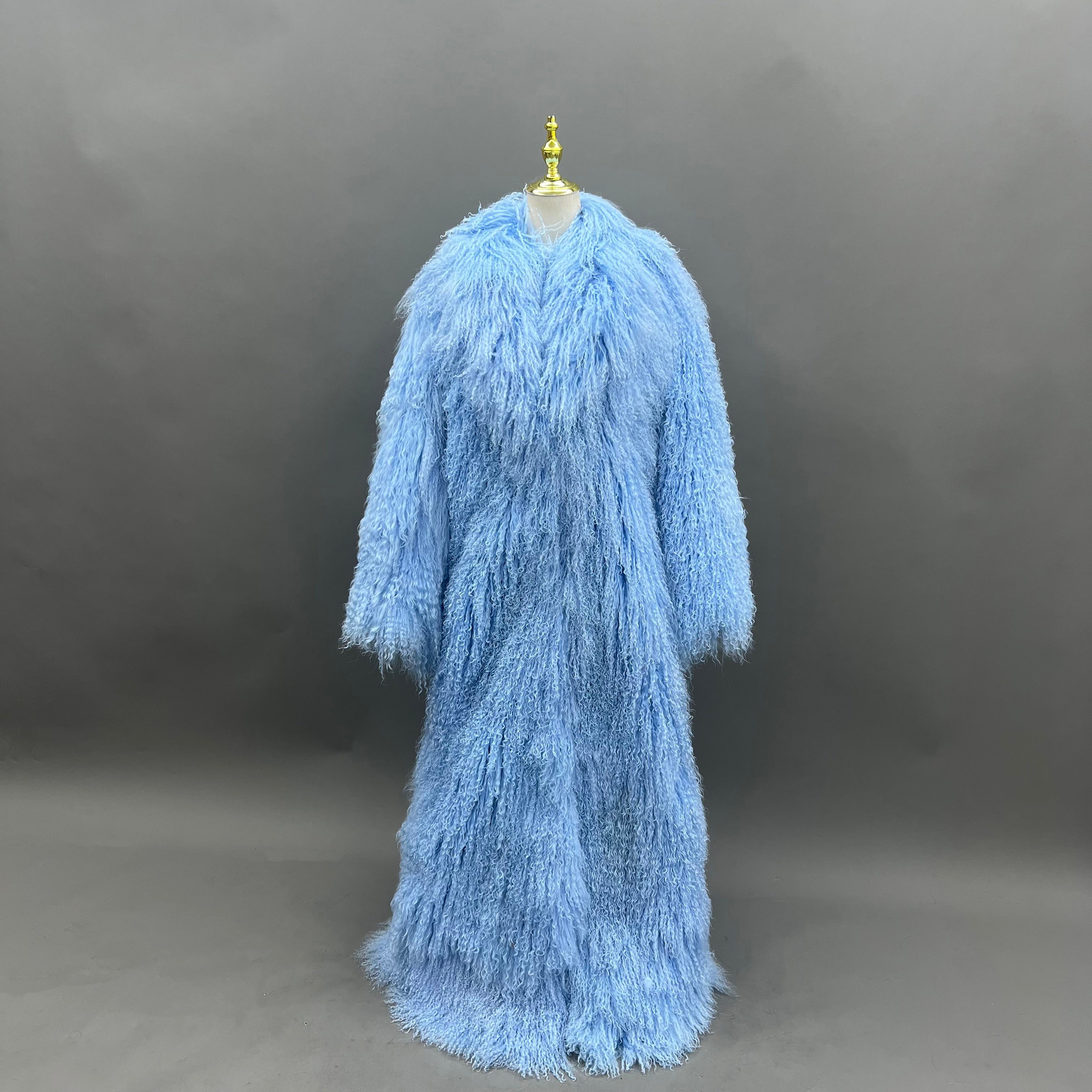 Men's Long Emerald Green Mongolian Lamb Fur Coat – Notch Lapel, Full-Length Winter Outerwear, Luxury Curly Hair Jacket for Men 17#BB Blue