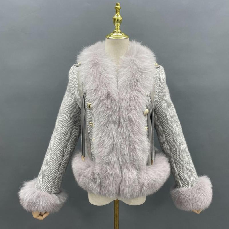 Women's Winter Fashion Coarse Woven Fabric Fox Fur Collar Coat - Janefur