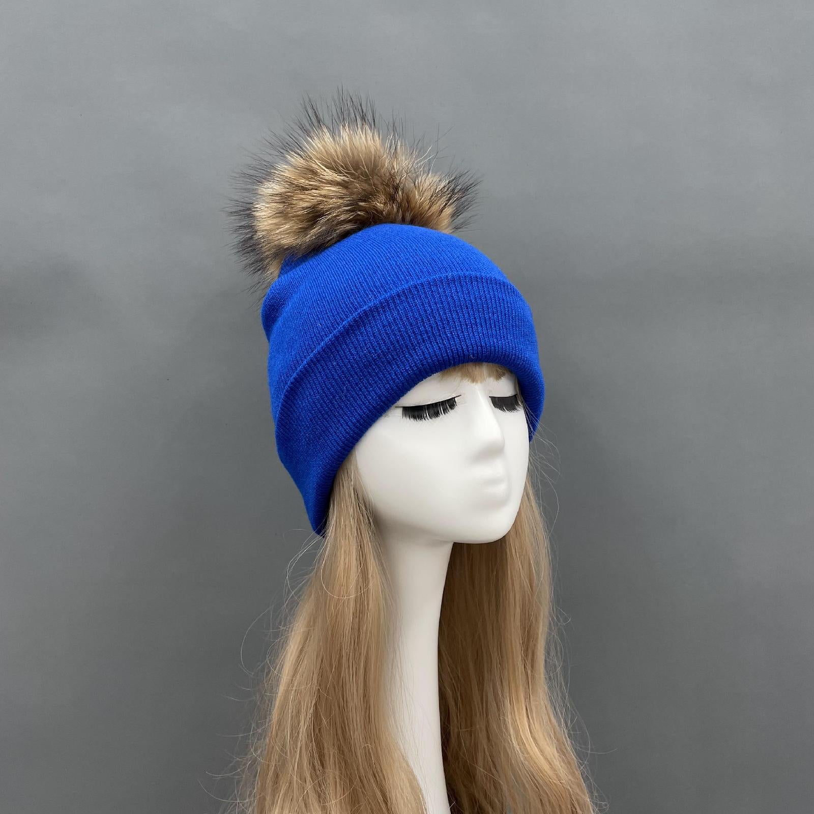 Solid Color Acrylic Knitted Hat with Single Fur Pom Pom Women's Knit Cap - Janefur