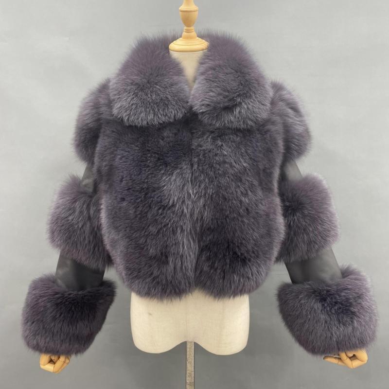 Women's Lapel Luxury Fox Jacket Full Fur Solid Color Short Style - Janefur