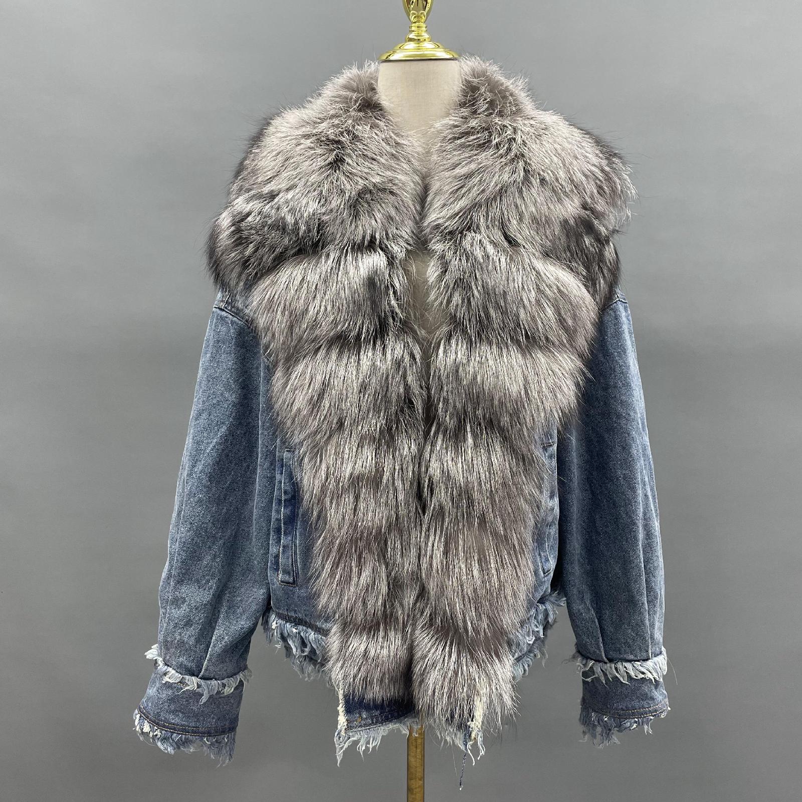 Women's Denim Jacket Leather Large Fox Fur Collar Winter Luxury Coat Fluffy Jacket Denim Blue Down Outerwear - Janefur