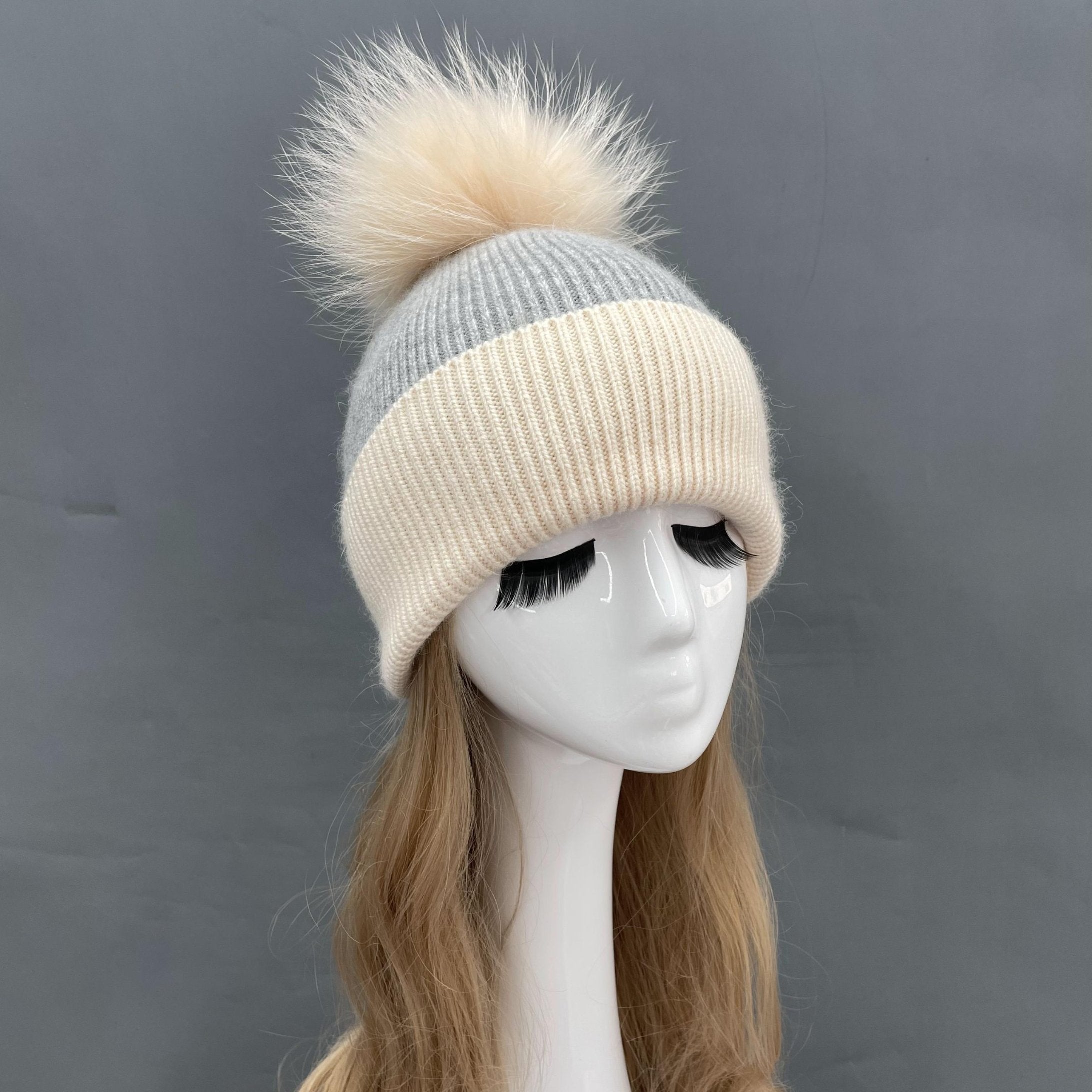 Contrast Color Angora Knitted Fur Pom Pom Warm Beanie Hat For Adults and Children - Janefur
