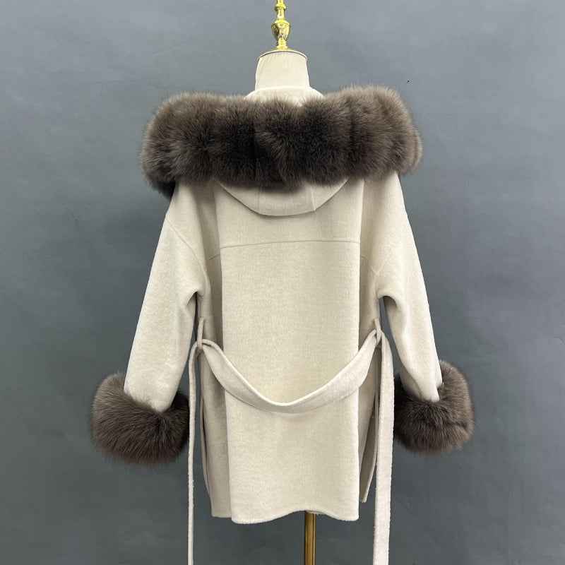 Women's Segmented Fur Collar Hooded Double Sided Cashmere Cuffs with Fur Collar Coat - Janefur