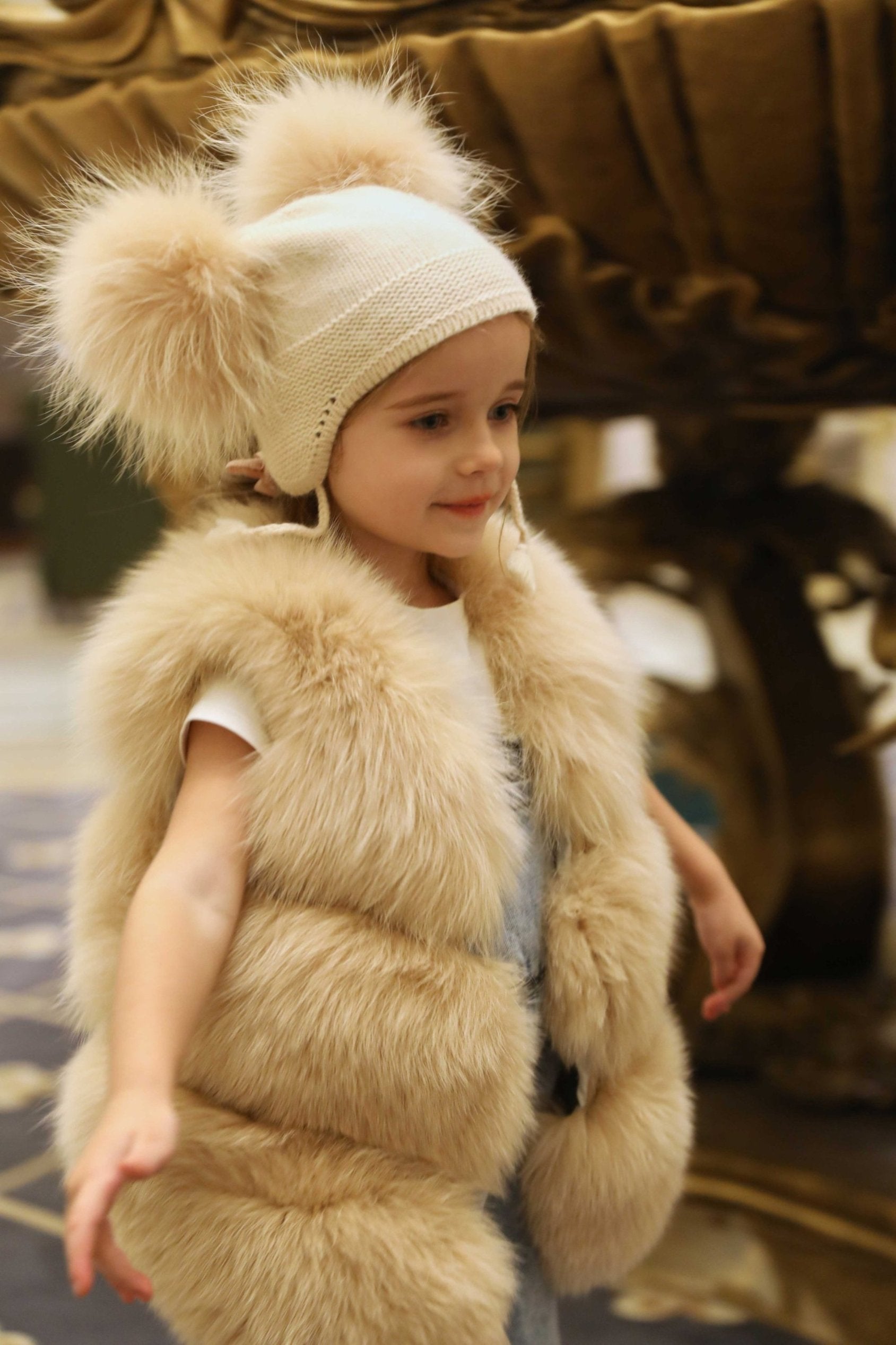 Kids Cute Pigtails Angora Double Raccoon Fur Pom Pom Hat - Janefur