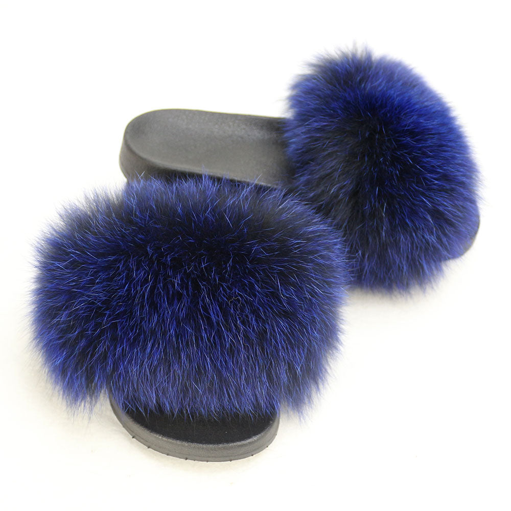 Janefur Wholesale Women's Fashion Slippers With Real Fox Fur Trim (Black, Gold, Silver Soles)