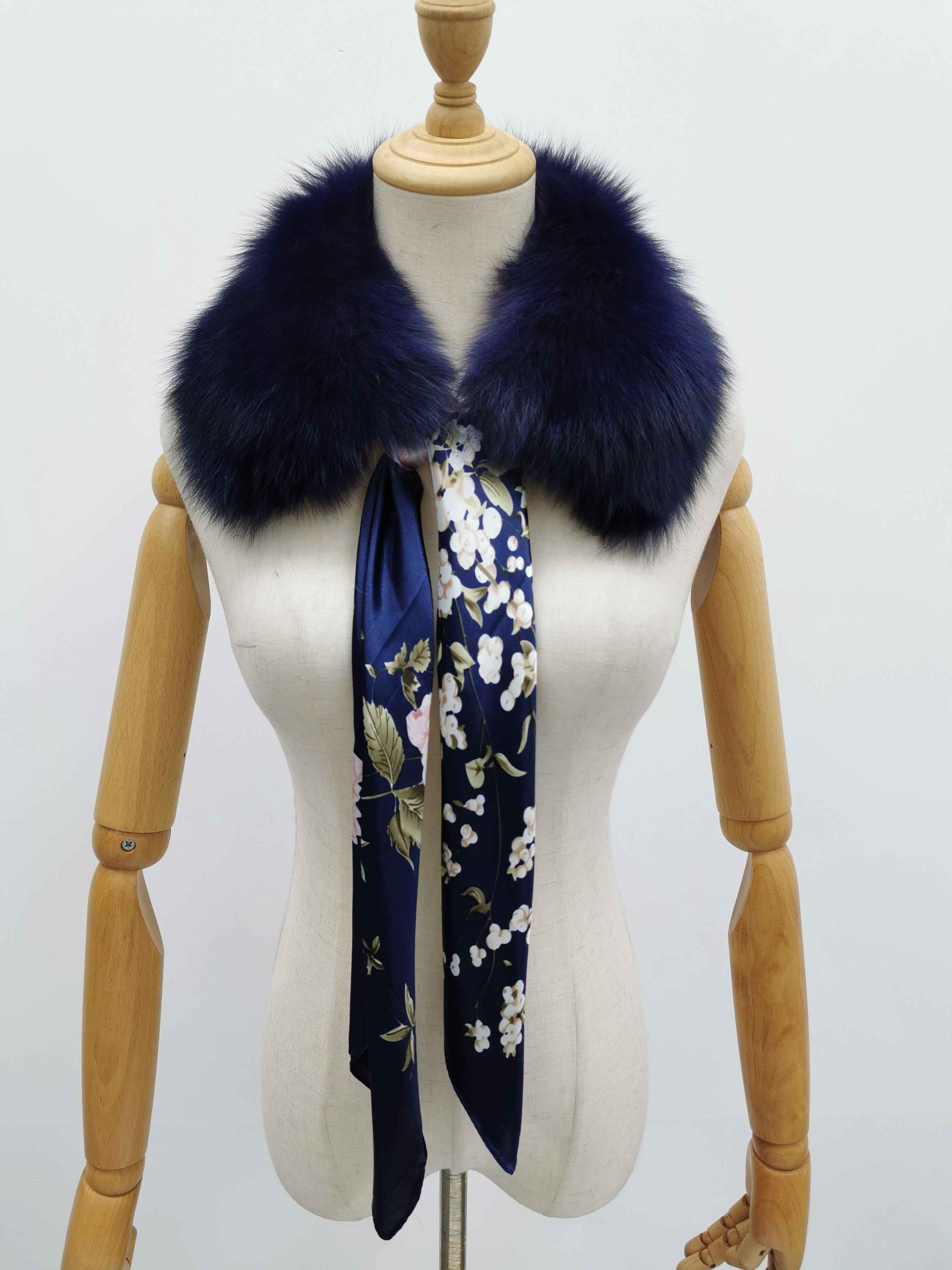 Women's Luxurious Fox Fur Small Square Collar with Printed Silk Scarf - Fashion Accessory 3#Navy F