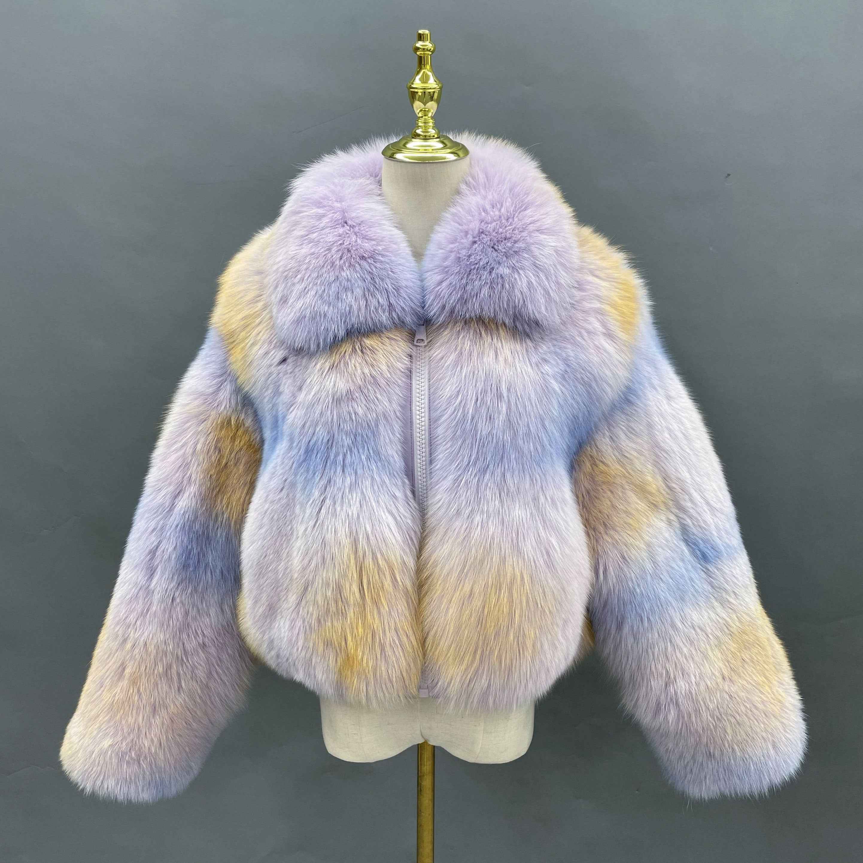 Women’s Green Fox Fur Jacket with Turn-Down Collar – Short Real Fur Coat Featuring Resin Zipper for Luxury Winter Fashion 6#