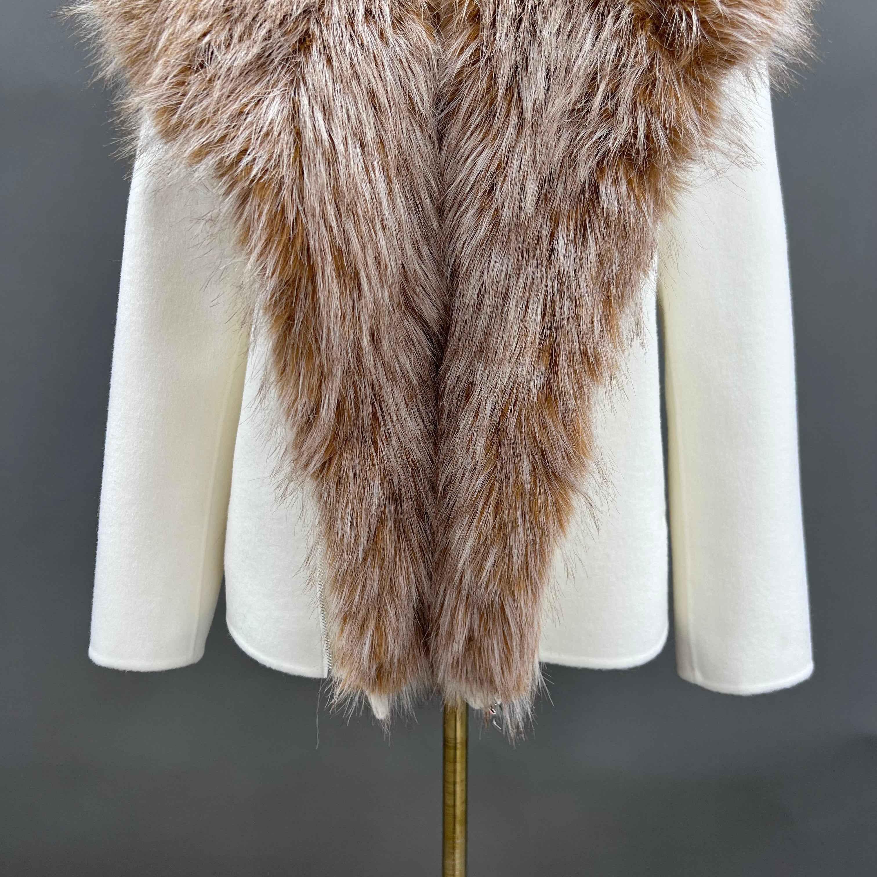 Autumn Winter White Cashmere Wool Double - faced Coat with Faux Fur Collar & Asymmetric Zipper