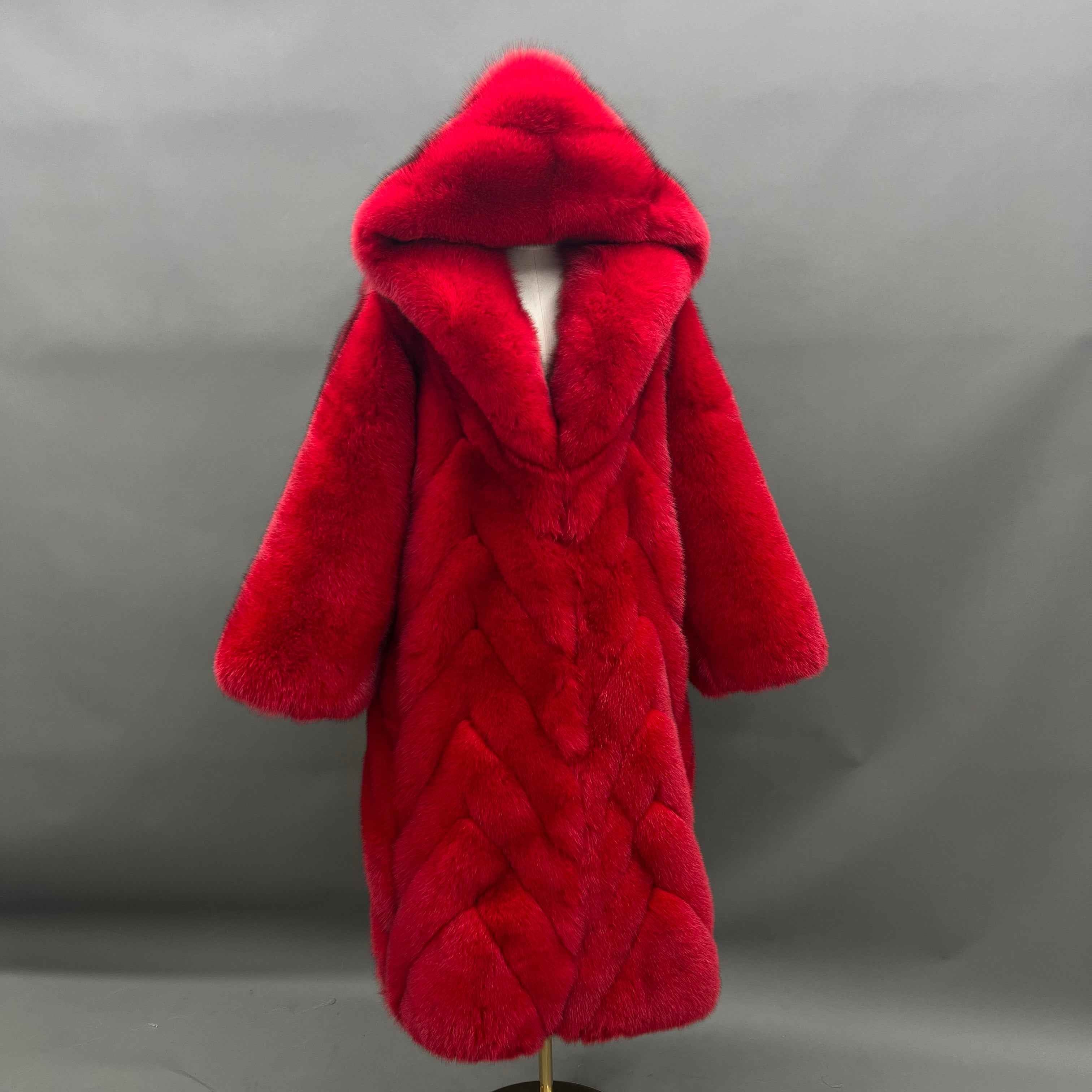 Luxury Red Fox Fur Coat with Hood – Long Chevron Stitched Women’s Winter Fur Jacket Red