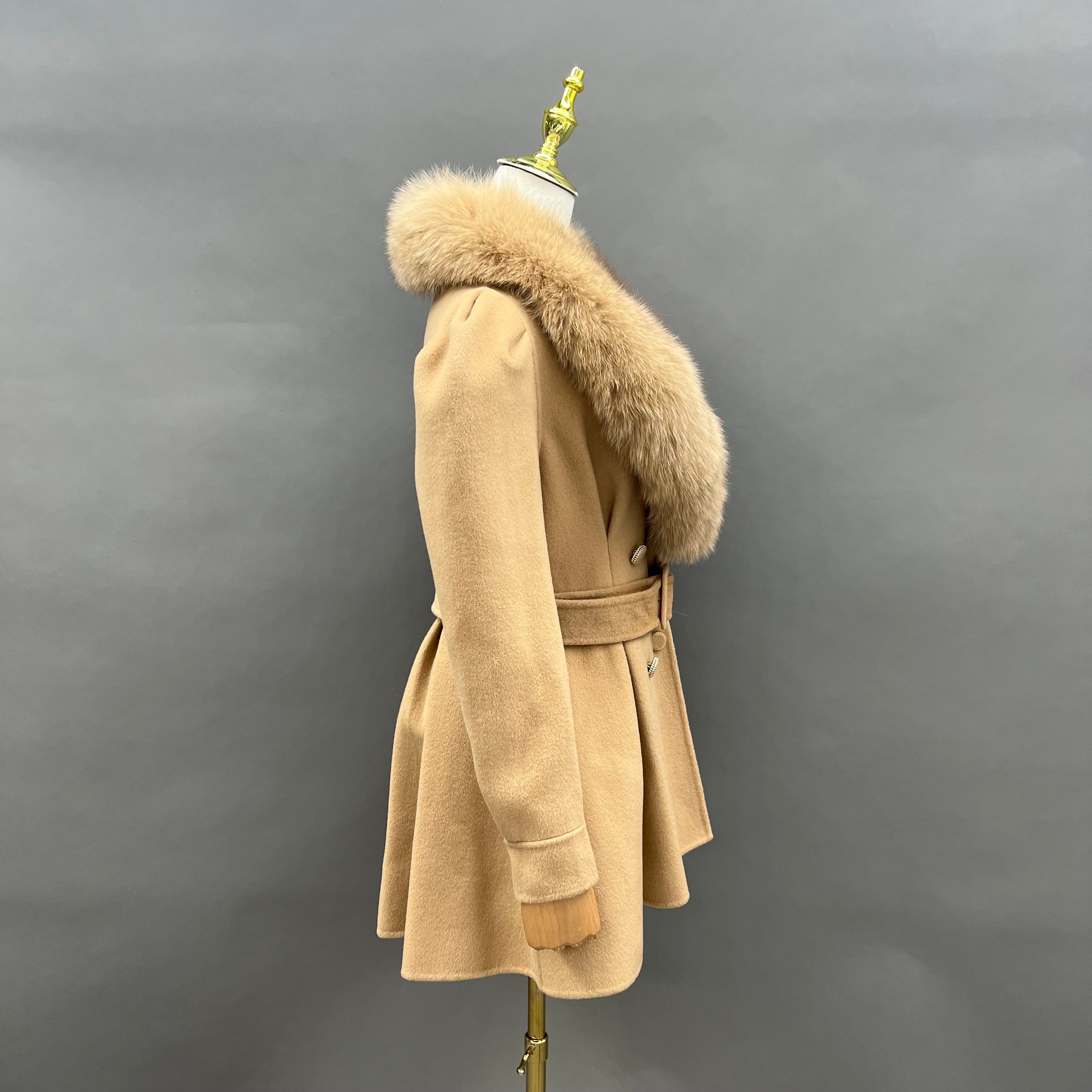 Women’s Camel Double-Faced Wool Coat with Real Fox Fur Collar – Puff Sleeve Double-Breasted Winter Jacket for Elegant Fashion