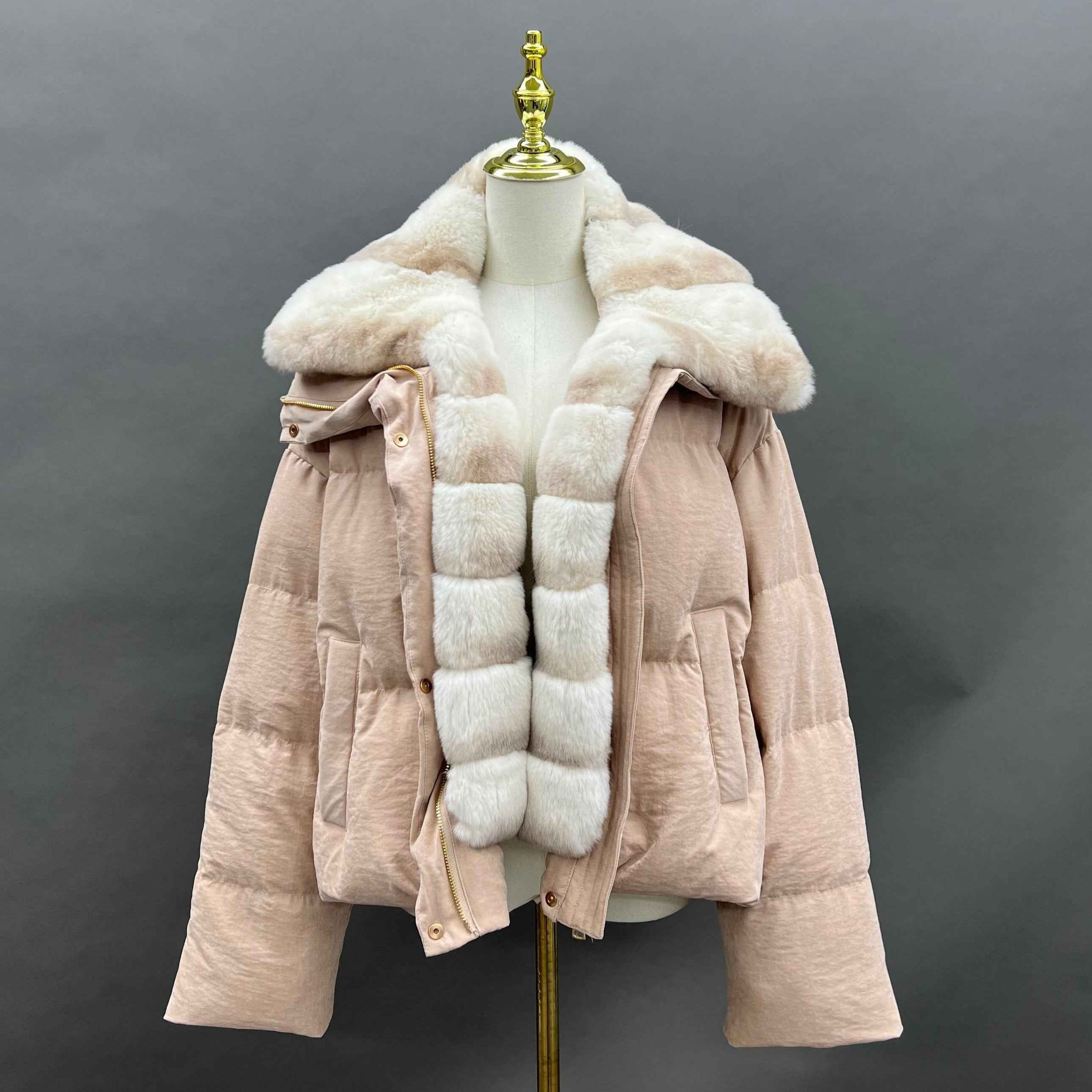 Women's Down Jacket with Rabbit Fur - Trimmed Collar and Placket