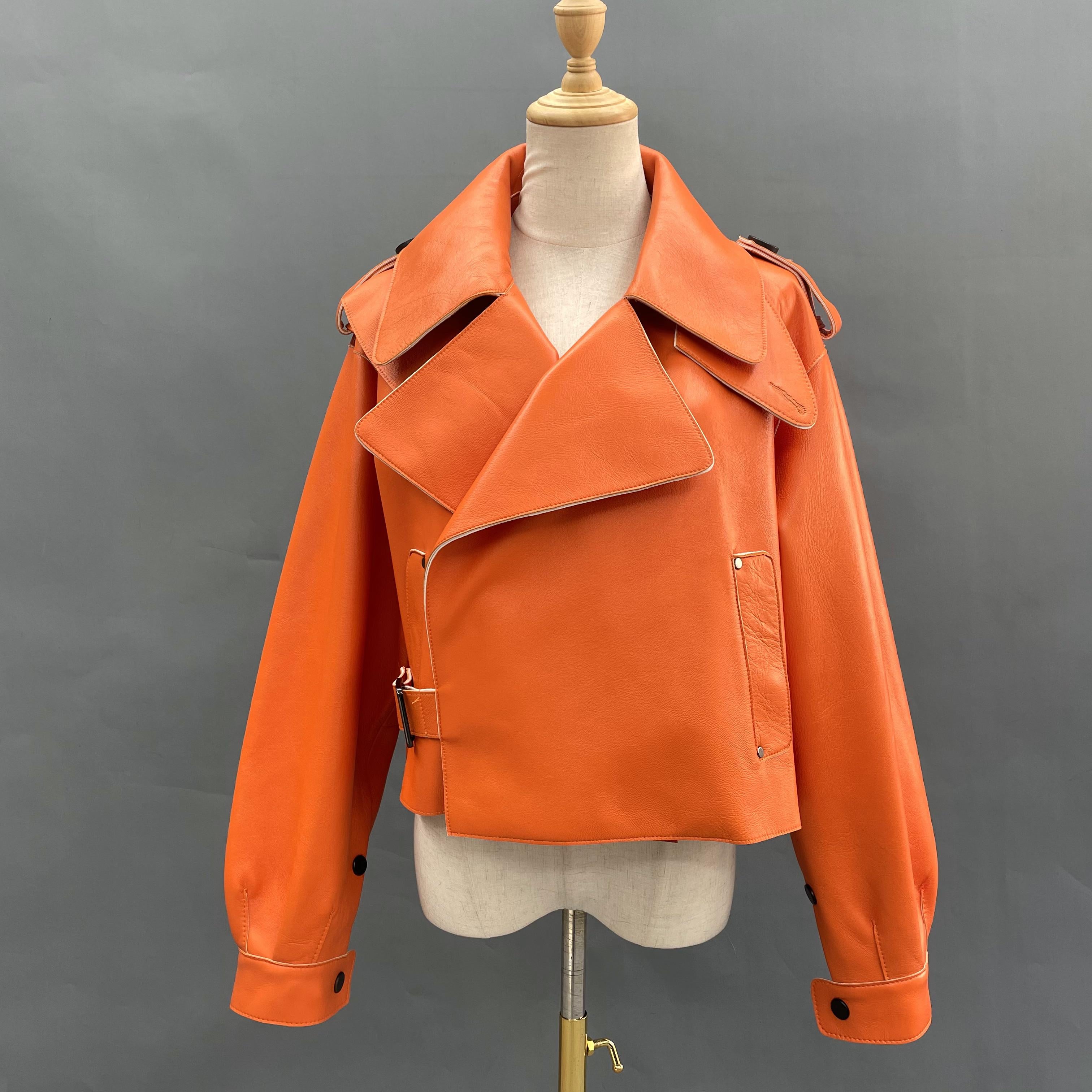 Women's Bright Green Faux Leather Biker Jacket with Wide Lapel, Slant Pockets & Belted Detail - Edgy Street Style Outerwear