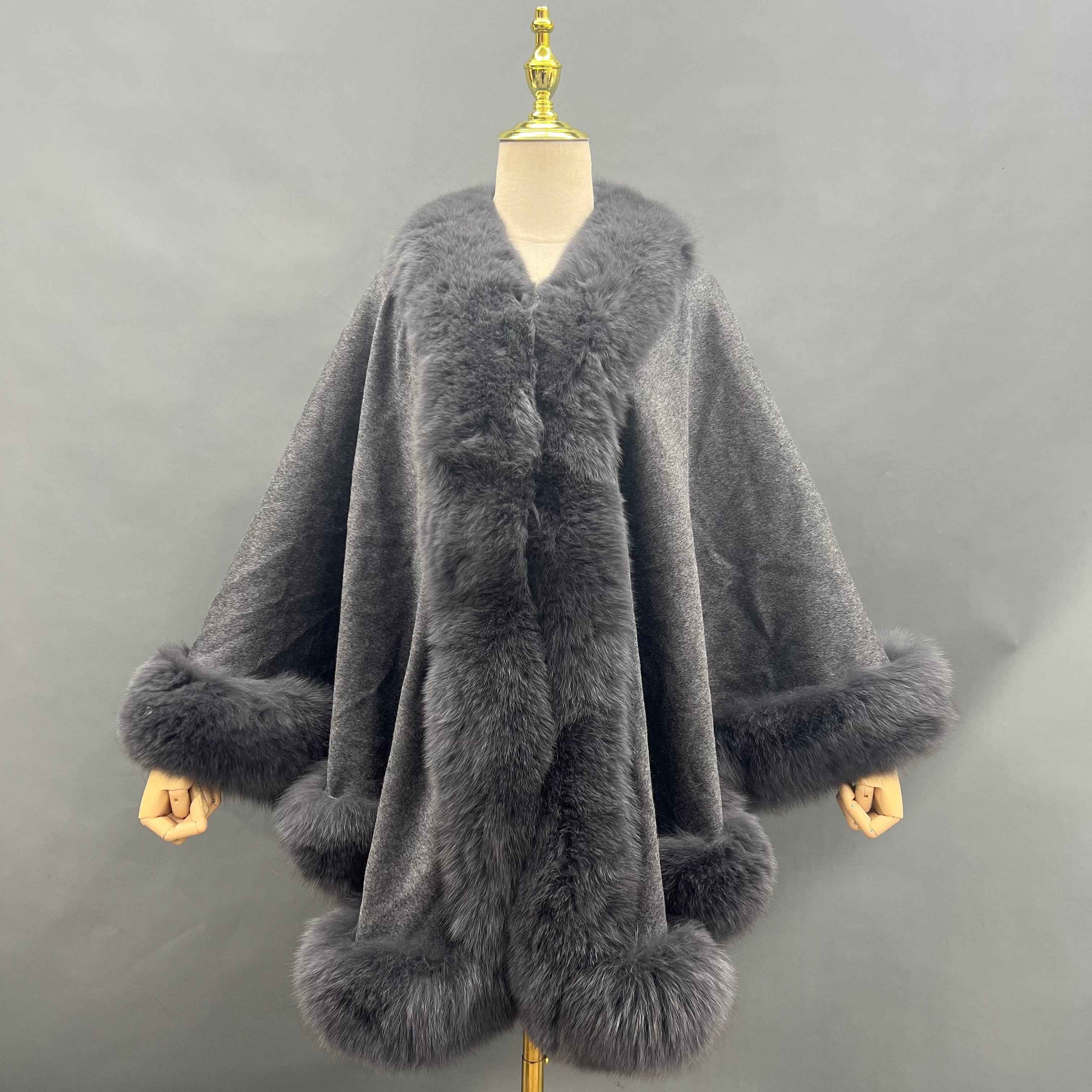 Women's Luxurious Cashmere Cape with Fox Fur Trim - Winter Fashion Outerwear 8#Light Black F