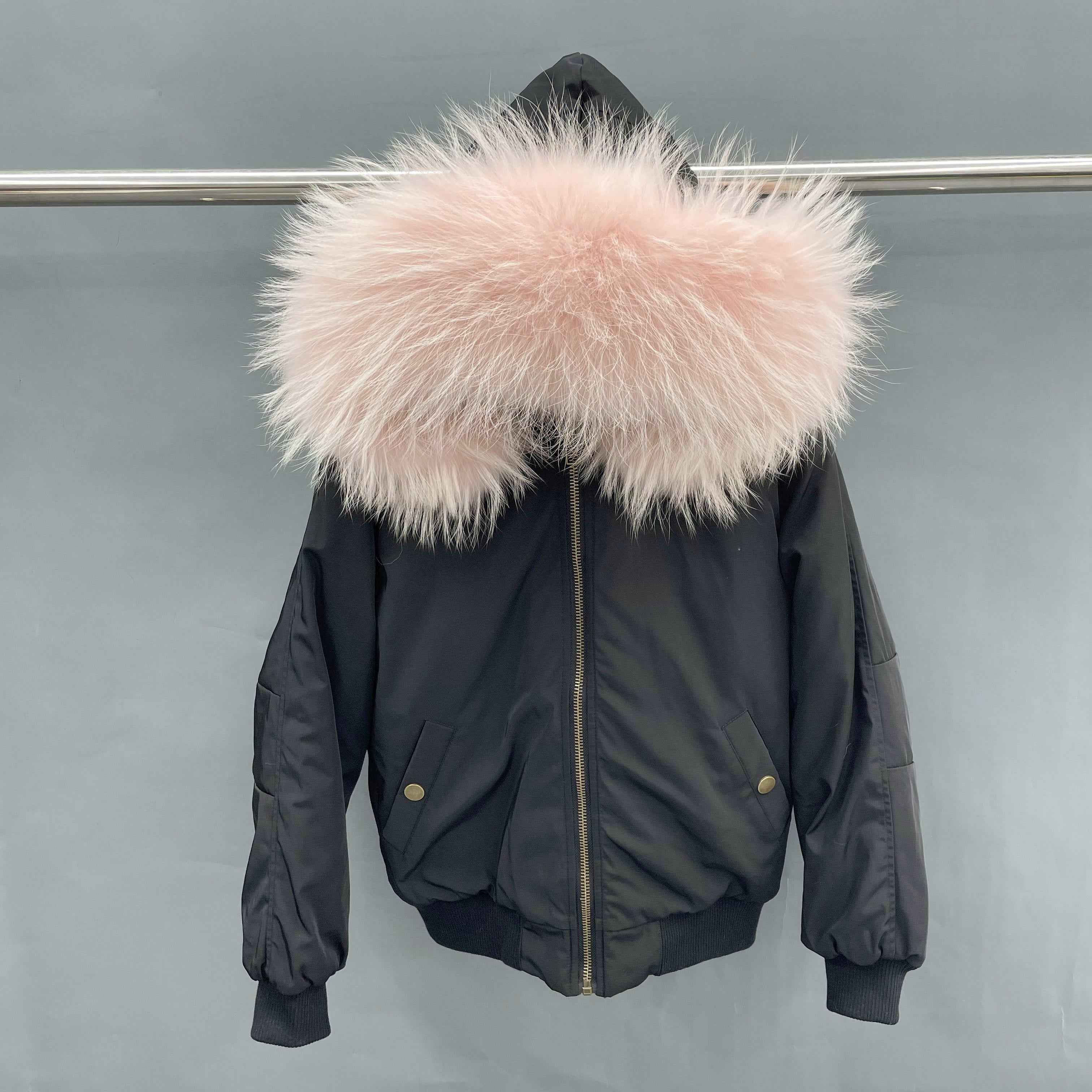 Women's Bomber Jacket with Raccoon Fur Collar – Winter Flight Jacket, Faux Fur Trim Aviator Coat for Cold Weather 1#Black