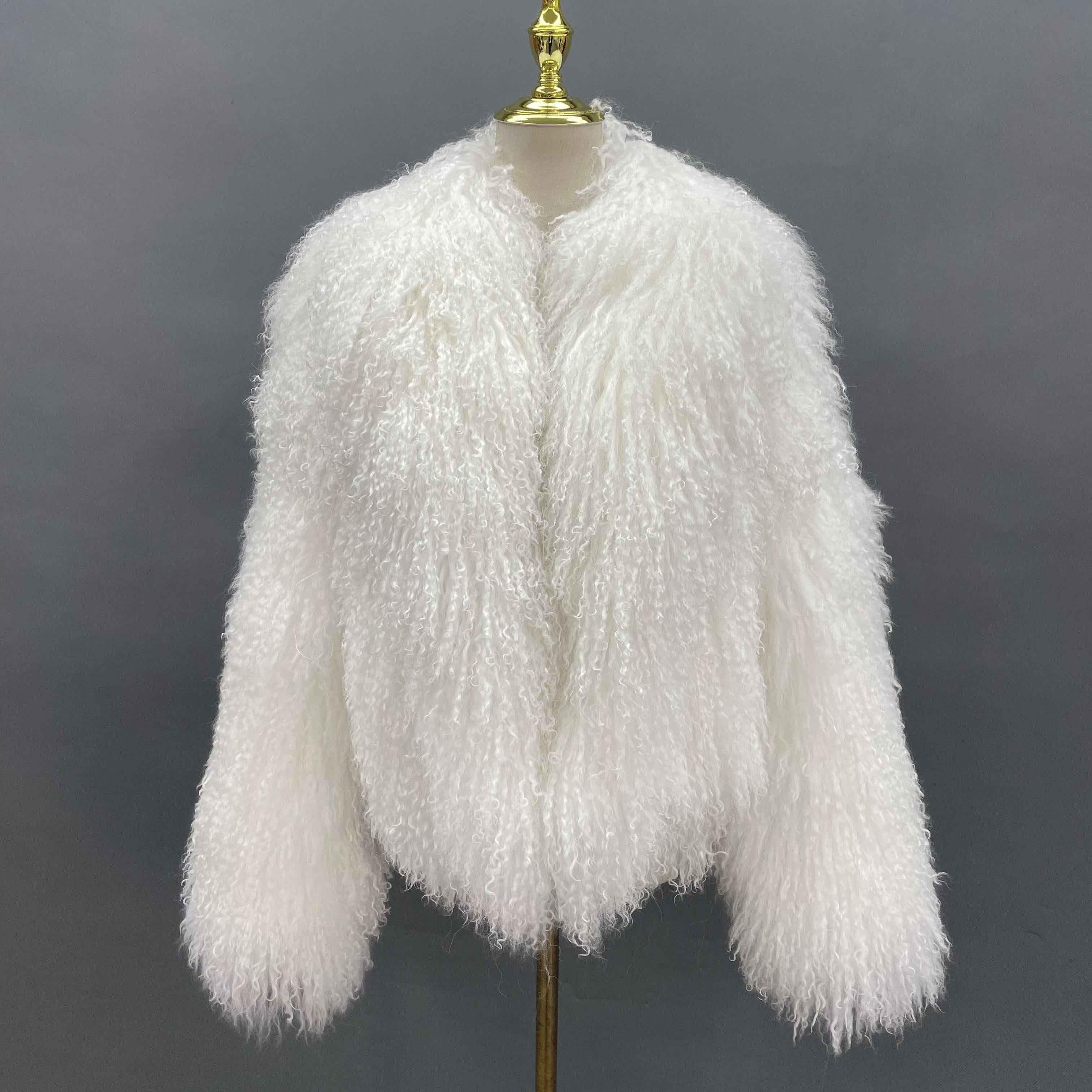 Women's Short Emerald Green Mongolian Lamb Fur Jacket – Notch Lapel, Curly Hair, Stylish Winter Outerwear for Women 7#White