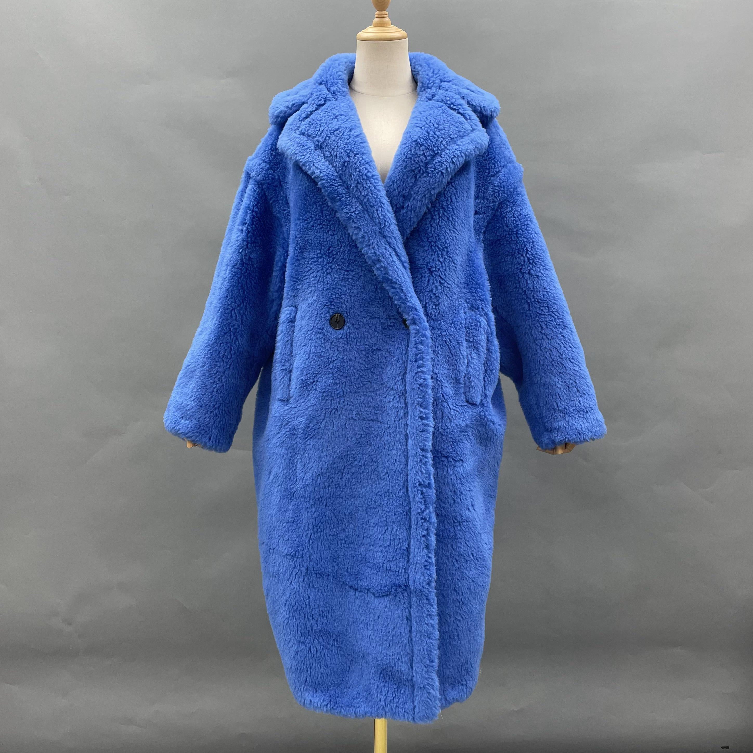 Women's Teddy Fleece Long Coat with Double-Breasted Notched Lapel - Luxe Winter Outerwear