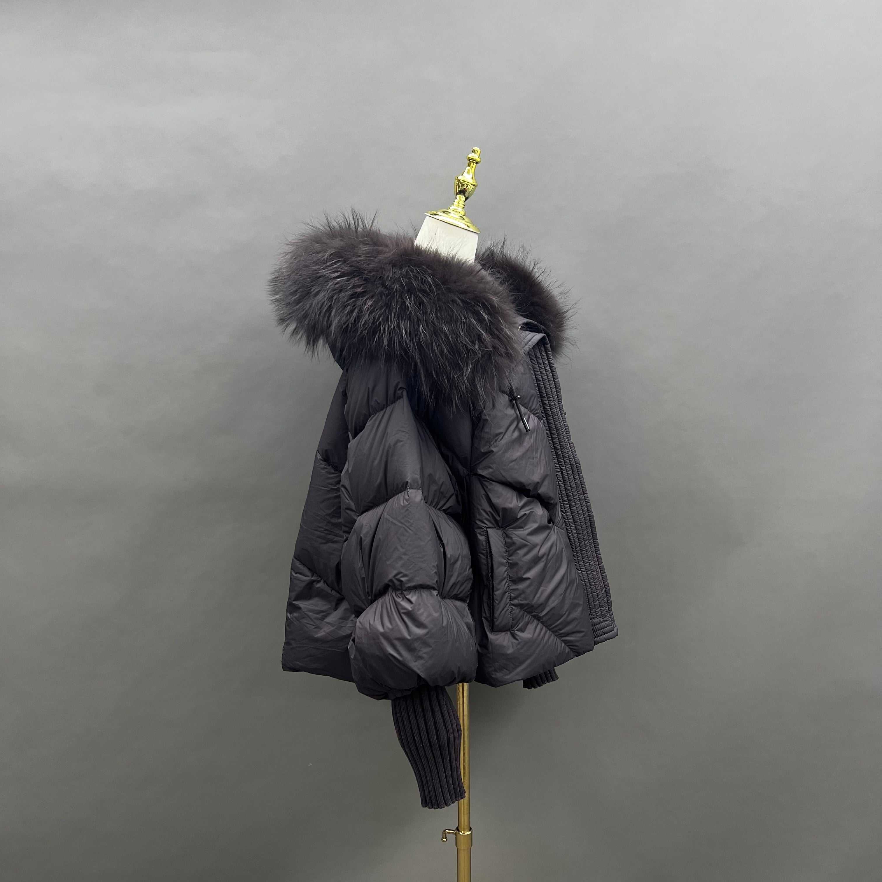 Women’s Black Down Jacket with Real Raccoon Fur Hood – Short Puffer Winter Coat for Elegant Fashion