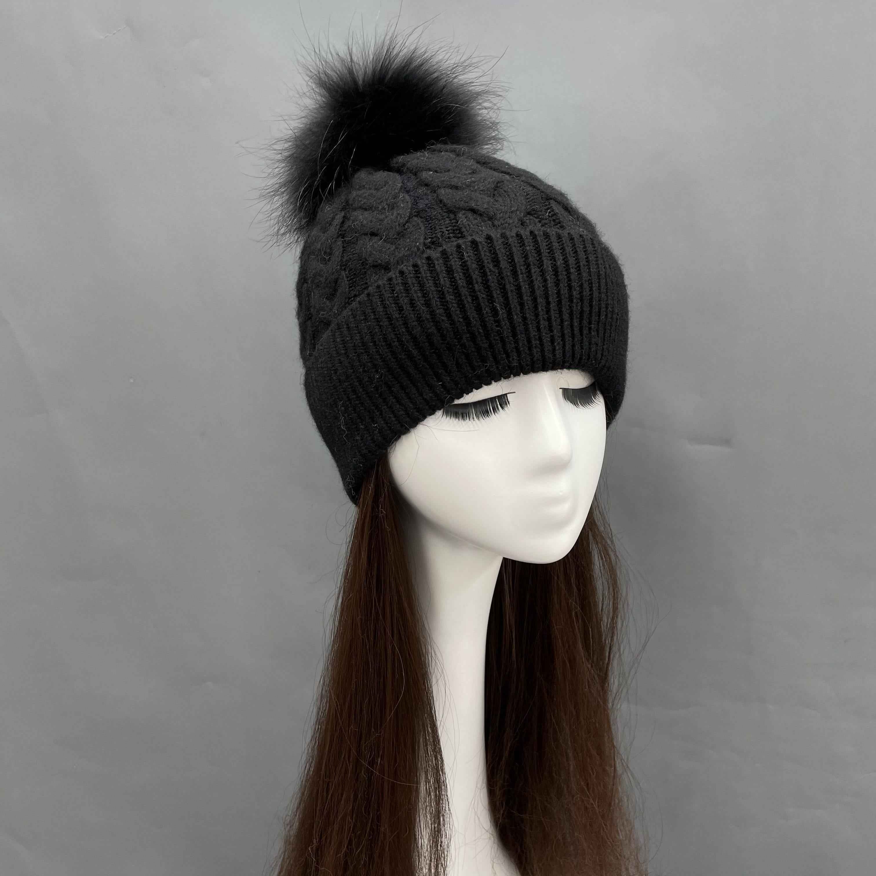 Women's Burgundy Cable Knit Beanie with Matching Raccoon Dog Fur Pom-Pom – Soft Rabbit Blend, Stylish Winter Hat for Holiday & Party Wear 5#Black a22 b40-72