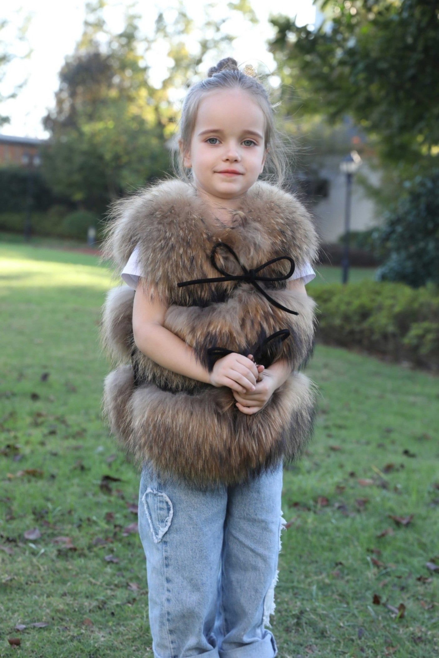 Children's Fall and Winter Three Sections Raccoon Fur Vest - Janefur