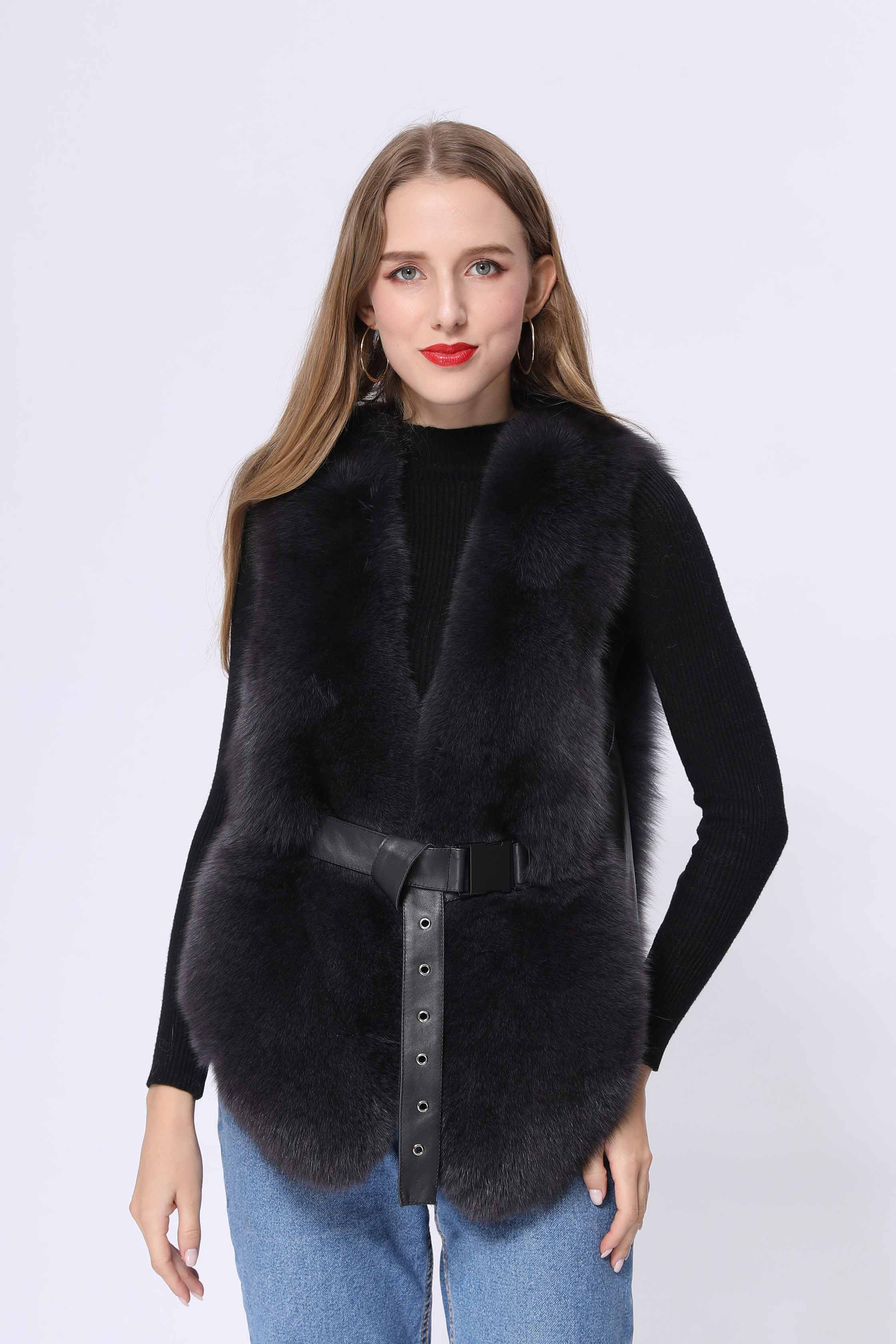 Fox Fur Vest Luxury High-quality Women's Belt Vest - Janefur