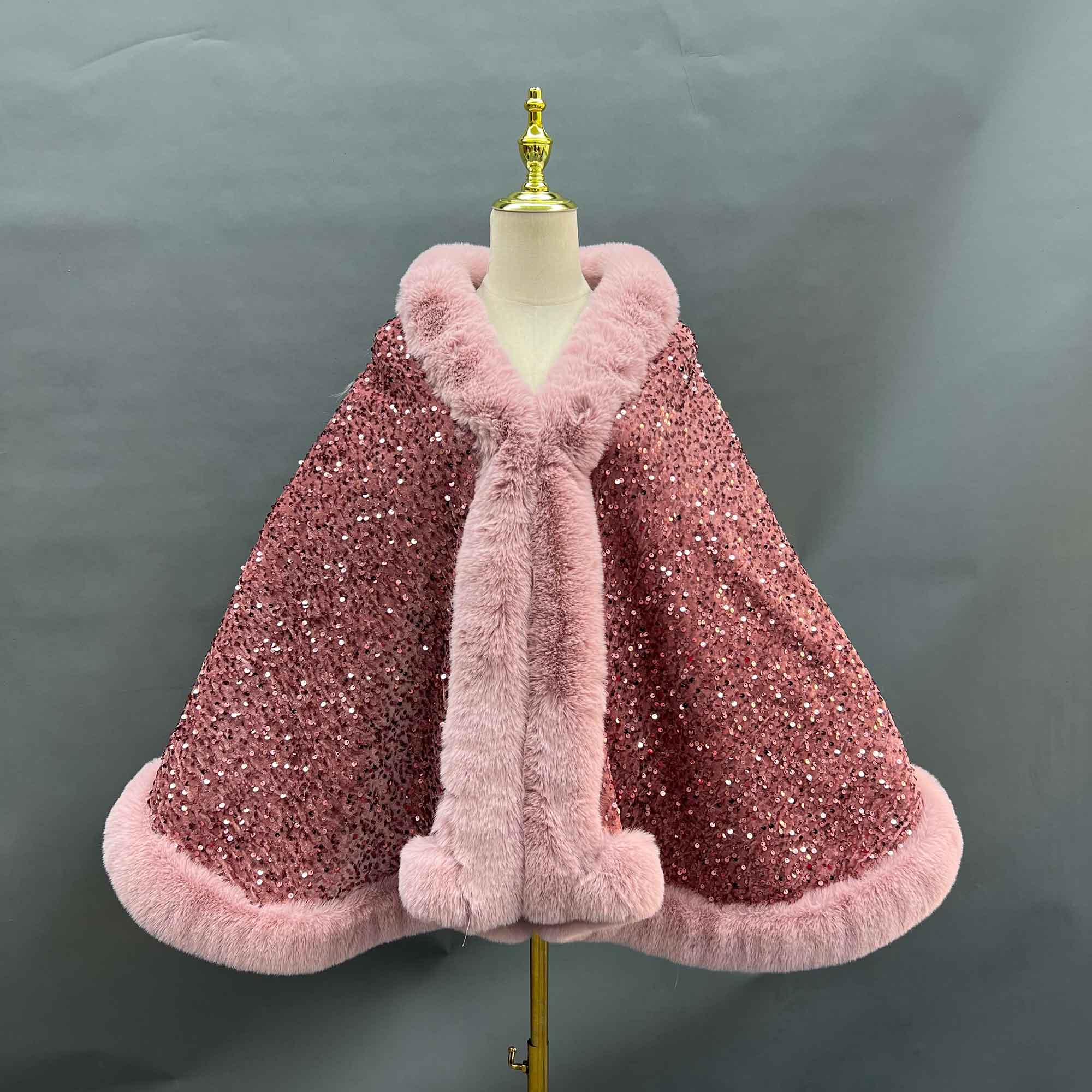 Janefur Fashionable Warm Faux Fur Sequined Cape Shawl - Janefur