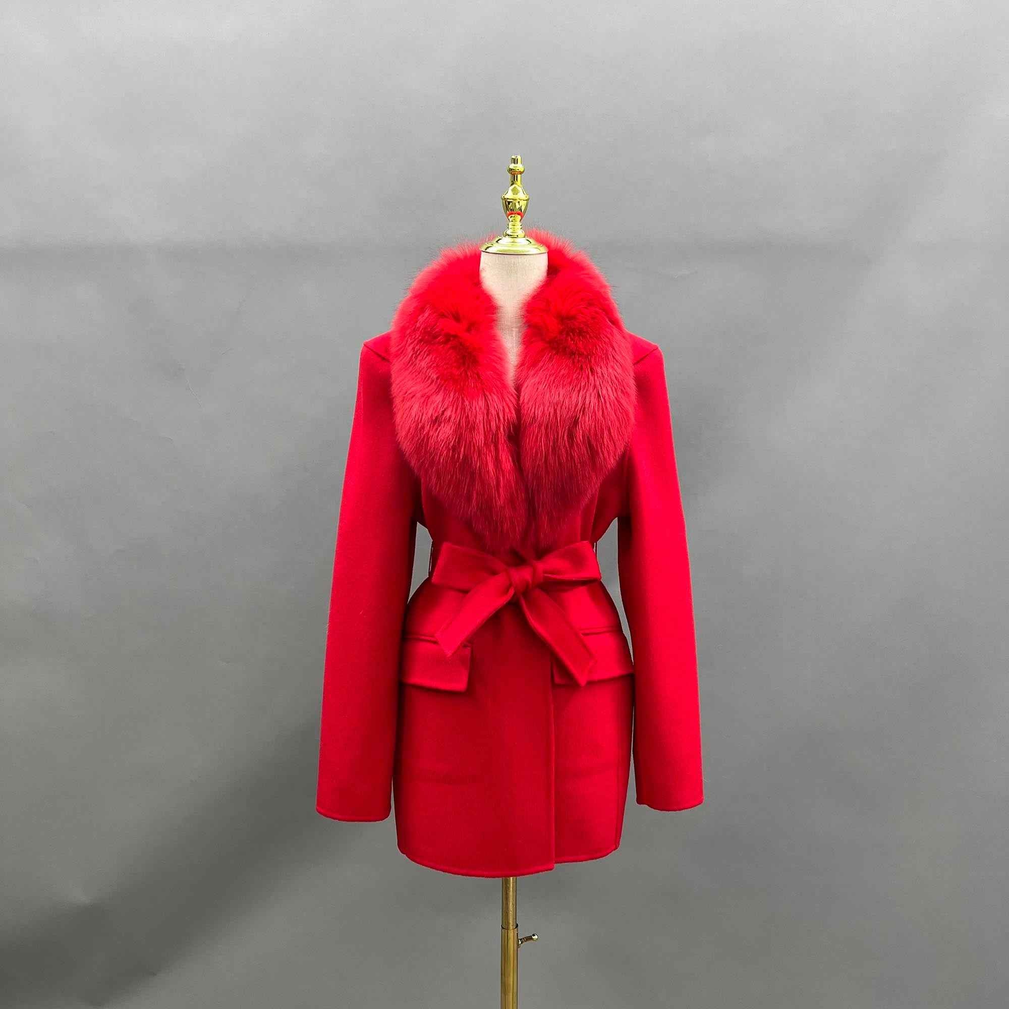 Janefur Womens Fashion Cashmere Coat Waisted Shoulder Design Fox Fur Collar Wool Coat - Janefur