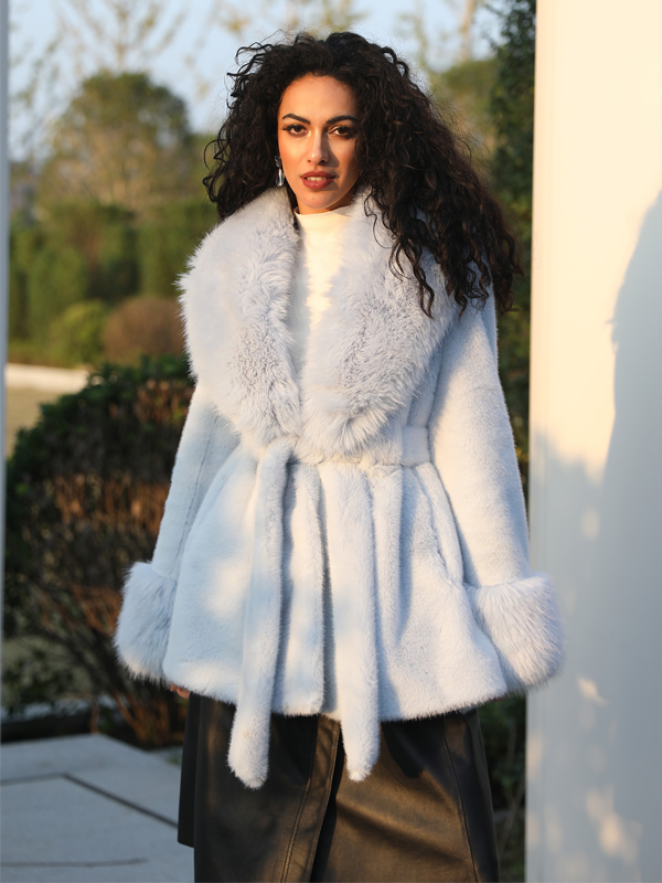Janefur Womens Short Large Fur Collar Tie-Up Faux Mink Elegant Faux Fur Jacket - Janefur