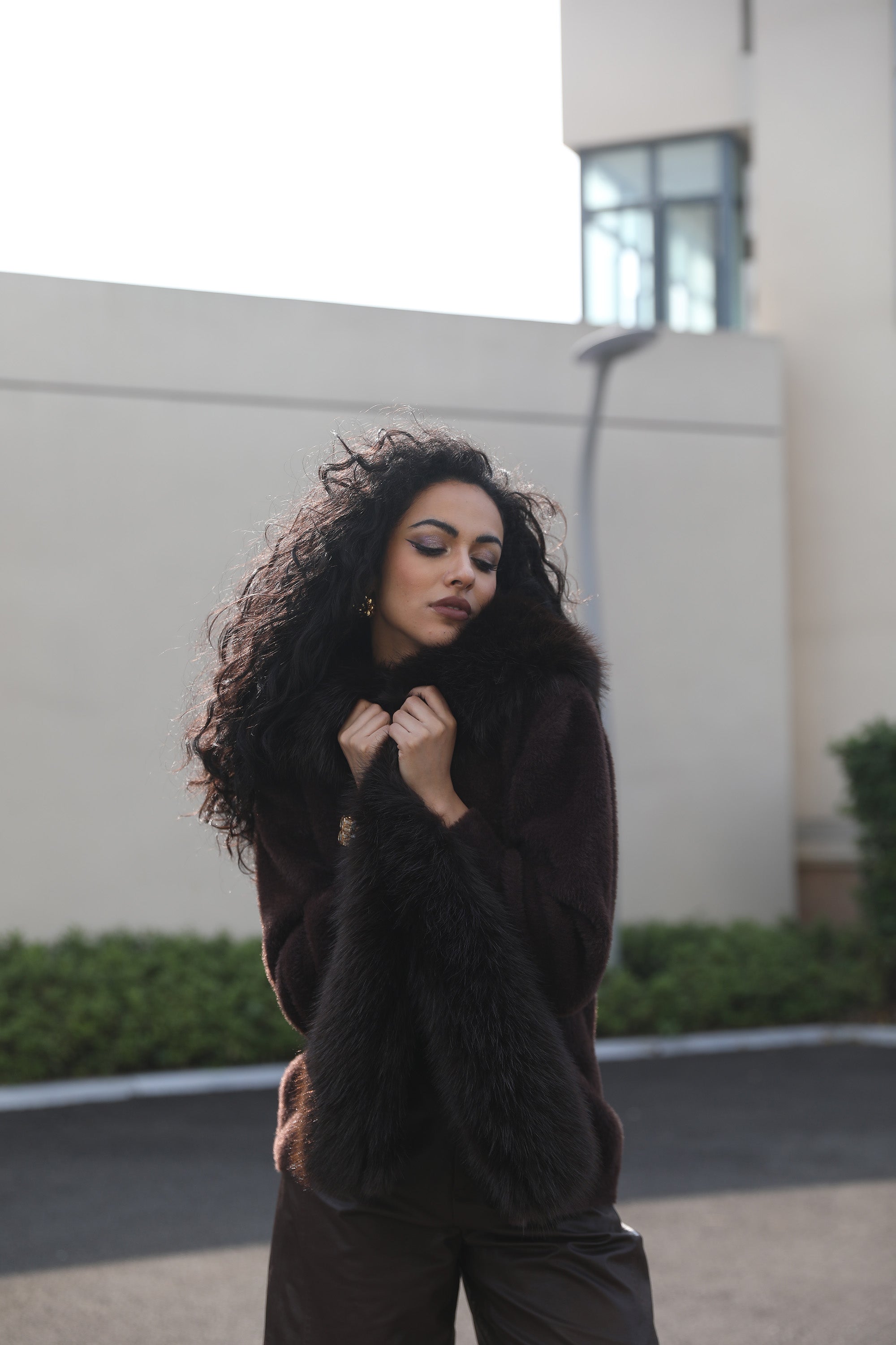 Women's Fox Pile Knit Coat with Faux Mink Placket and Faux Fur Collar - Janefur