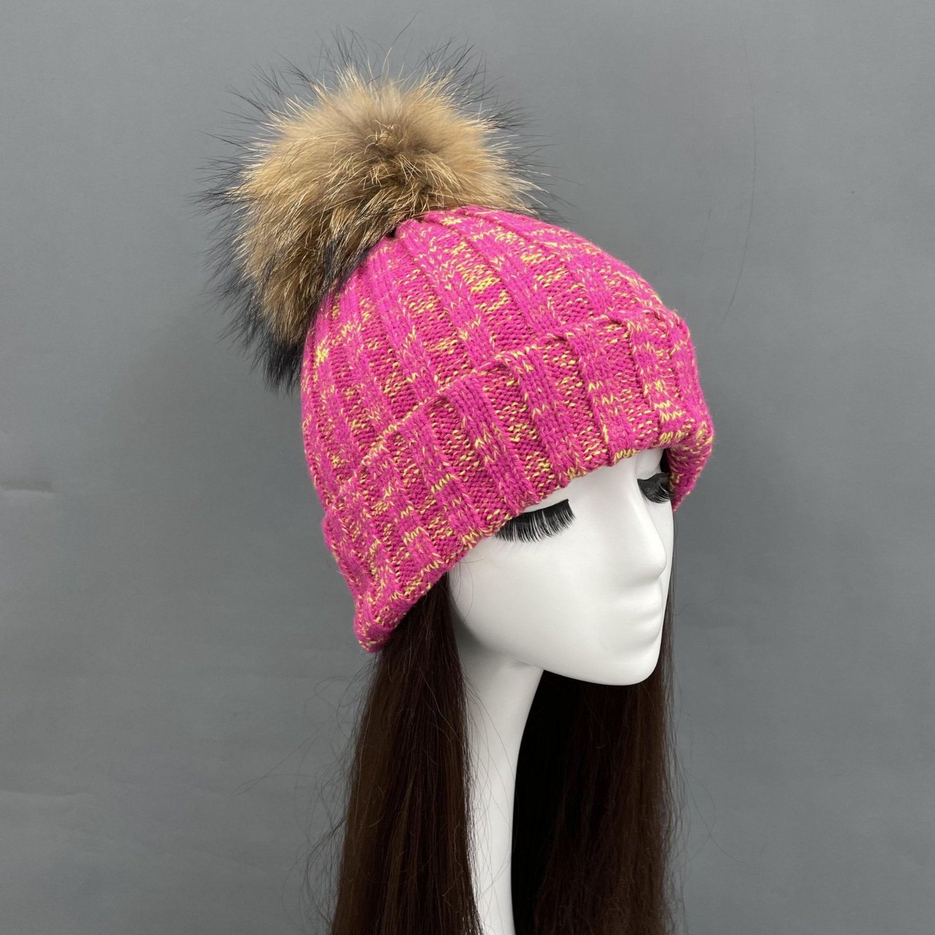 New Fall And Winter Striped With Fur Pom Pom Acrylic Hat 47