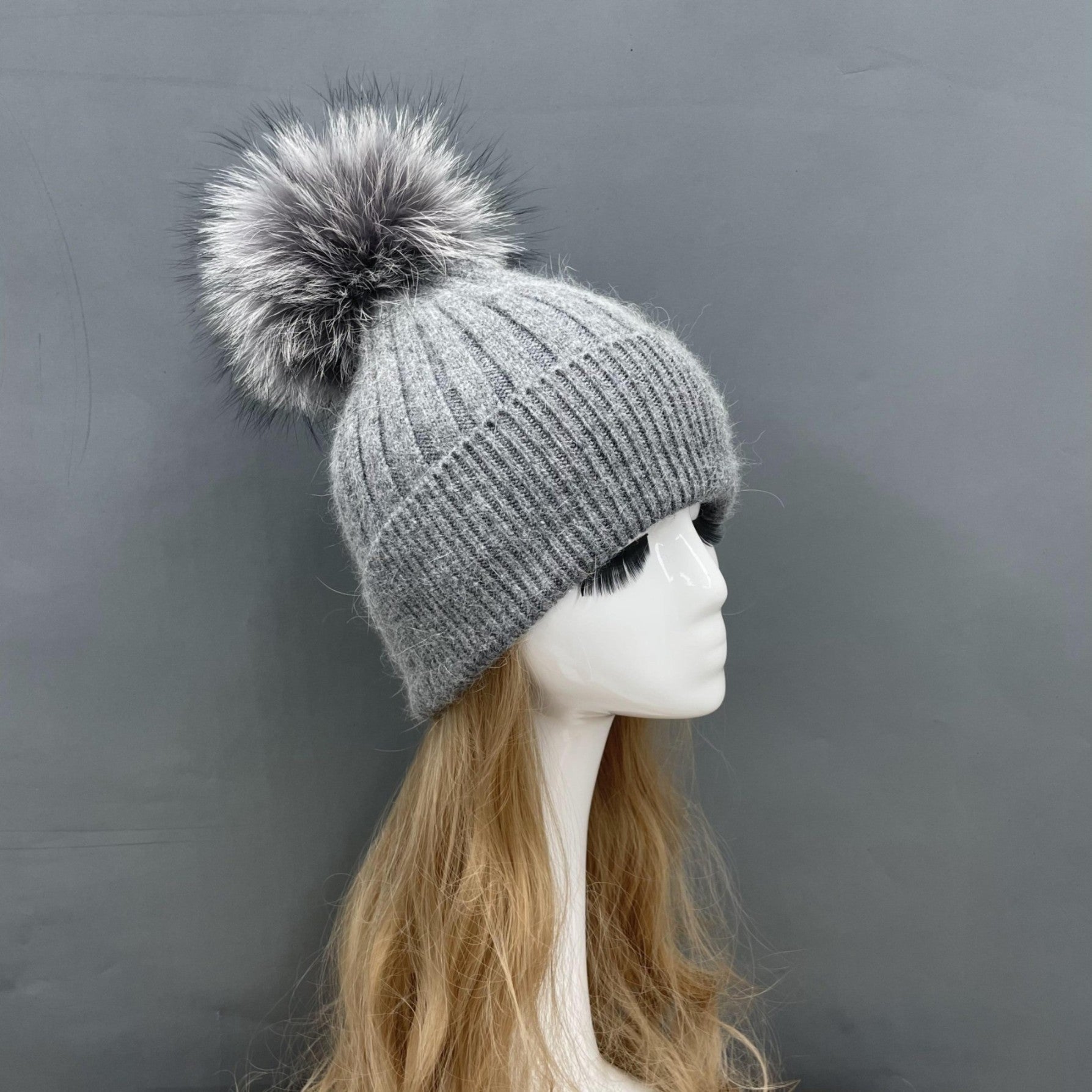 Winter Knitted Angora Beanie Hat With Removable Fur Pom Pom - Janefur